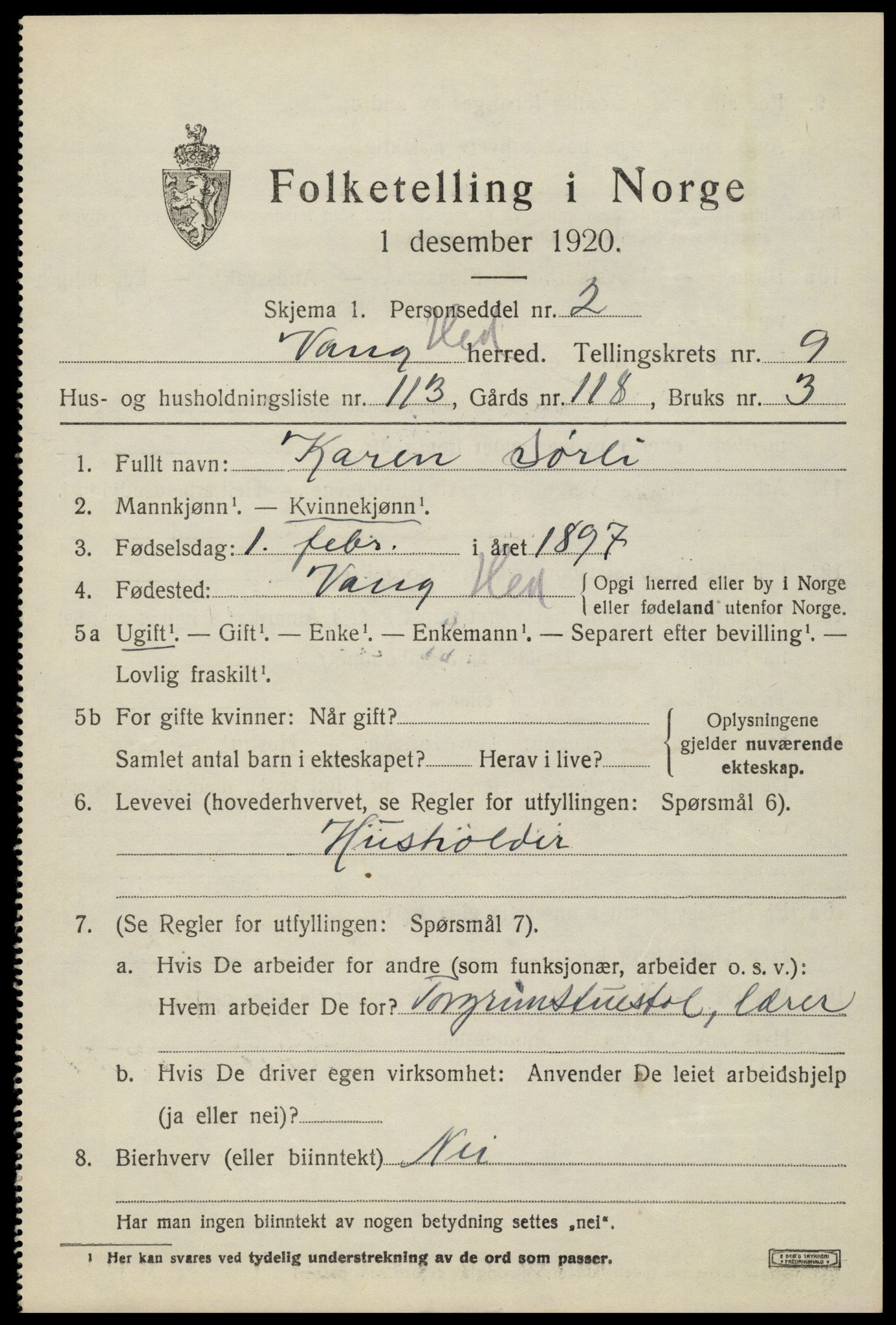 SAH, 1920 census for Vang (Hedmark), 1920, p. 19385