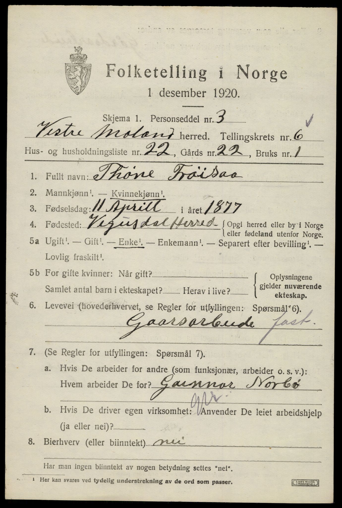 SAK, 1920 census for Vestre Moland, 1920, p. 4761