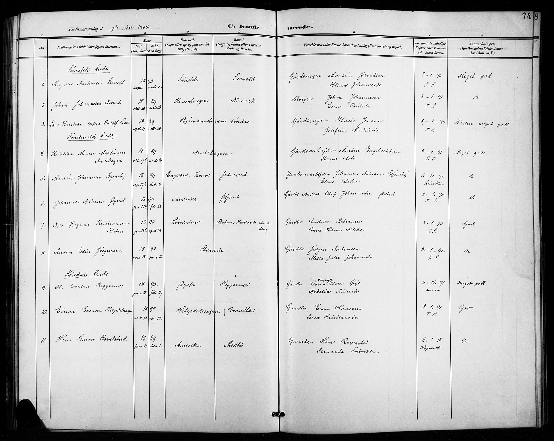 Vestre Toten prestekontor, SAH/PREST-108/H/Ha/Hab/L0016: Parish register (copy) no. 16, 1901-1915, p. 74