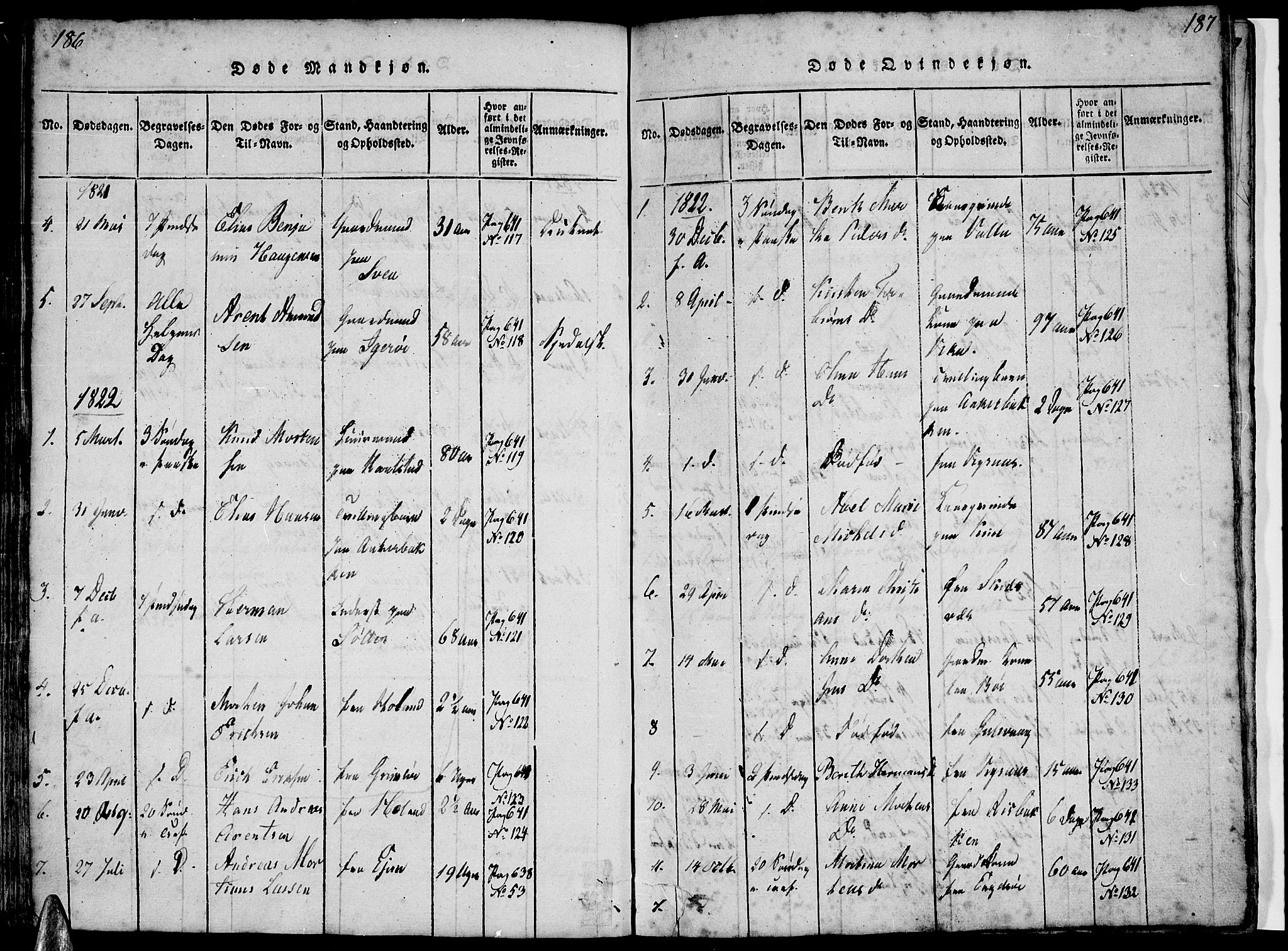 Ministerialprotokoller, klokkerbøker og fødselsregistre - Nordland, SAT/A-1459/816/L0239: Parish register (official) no. 816A05, 1820-1845, p. 186-187