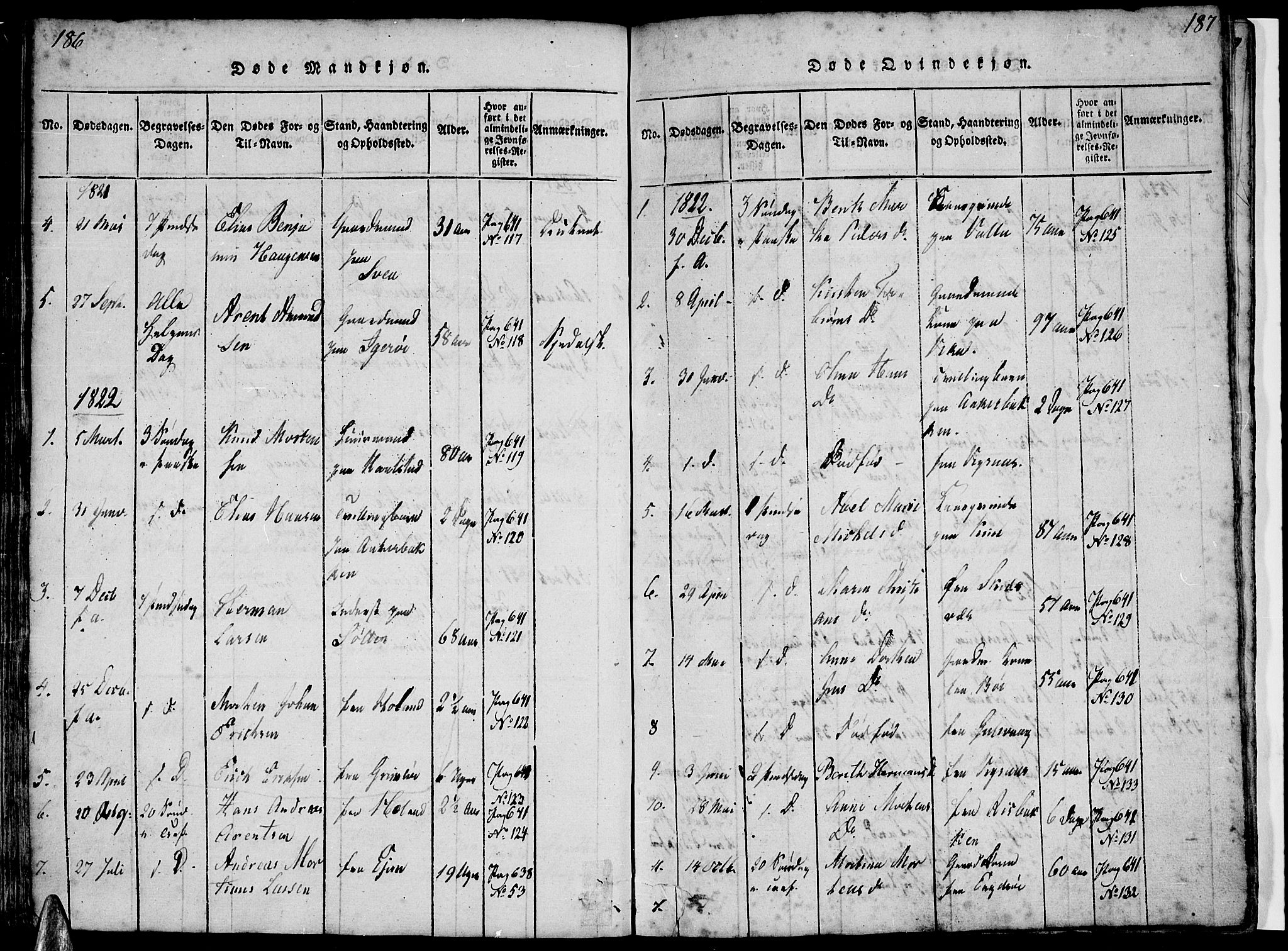 Ministerialprotokoller, klokkerbøker og fødselsregistre - Nordland, AV/SAT-A-1459/816/L0239: Parish register (official) no. 816A05, 1820-1845, p. 186-187