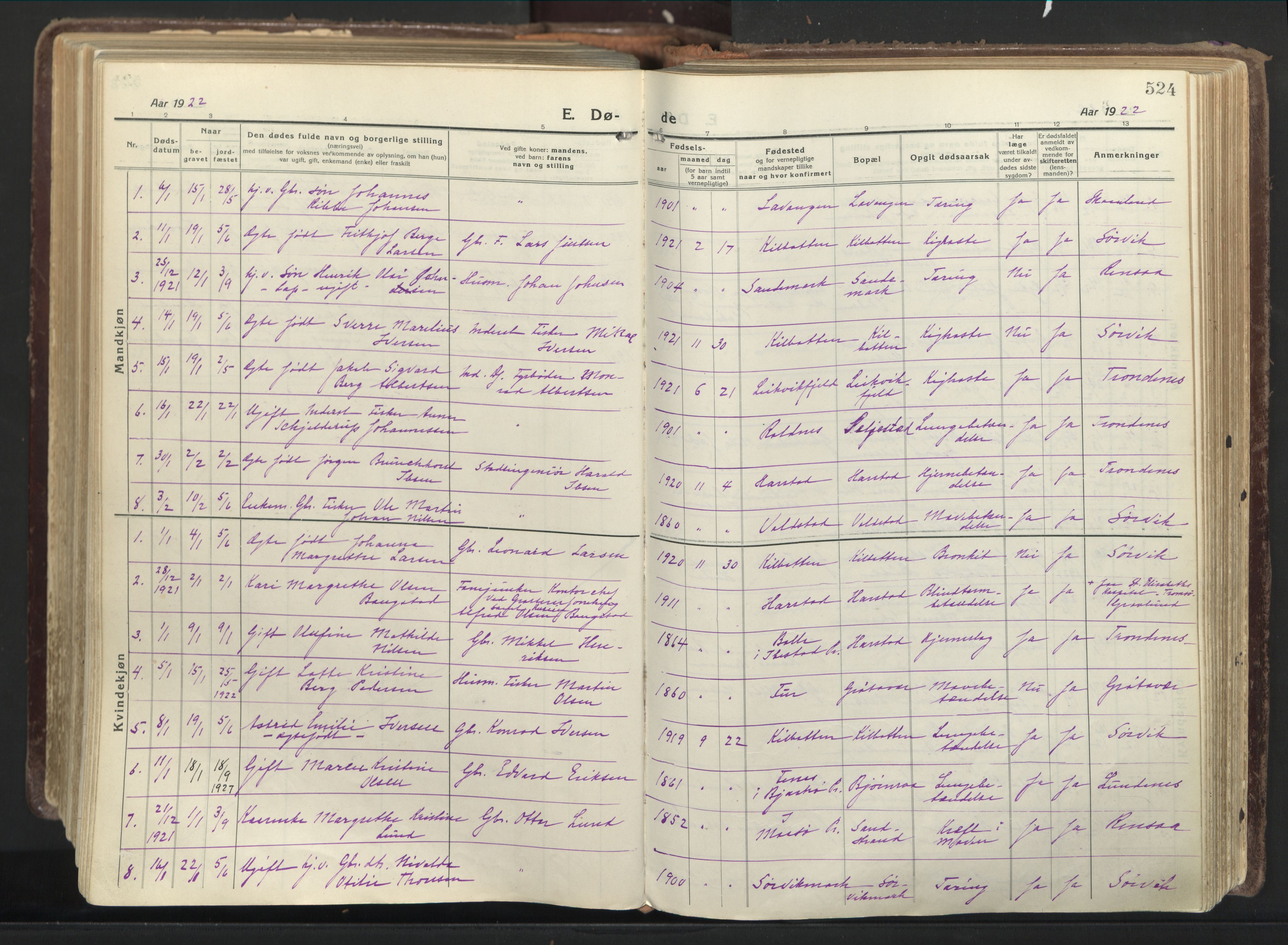 Trondenes sokneprestkontor, SATØ/S-1319/H/Ha/L0019kirke: Parish register (official) no. 19, 1919-1928, p. 524