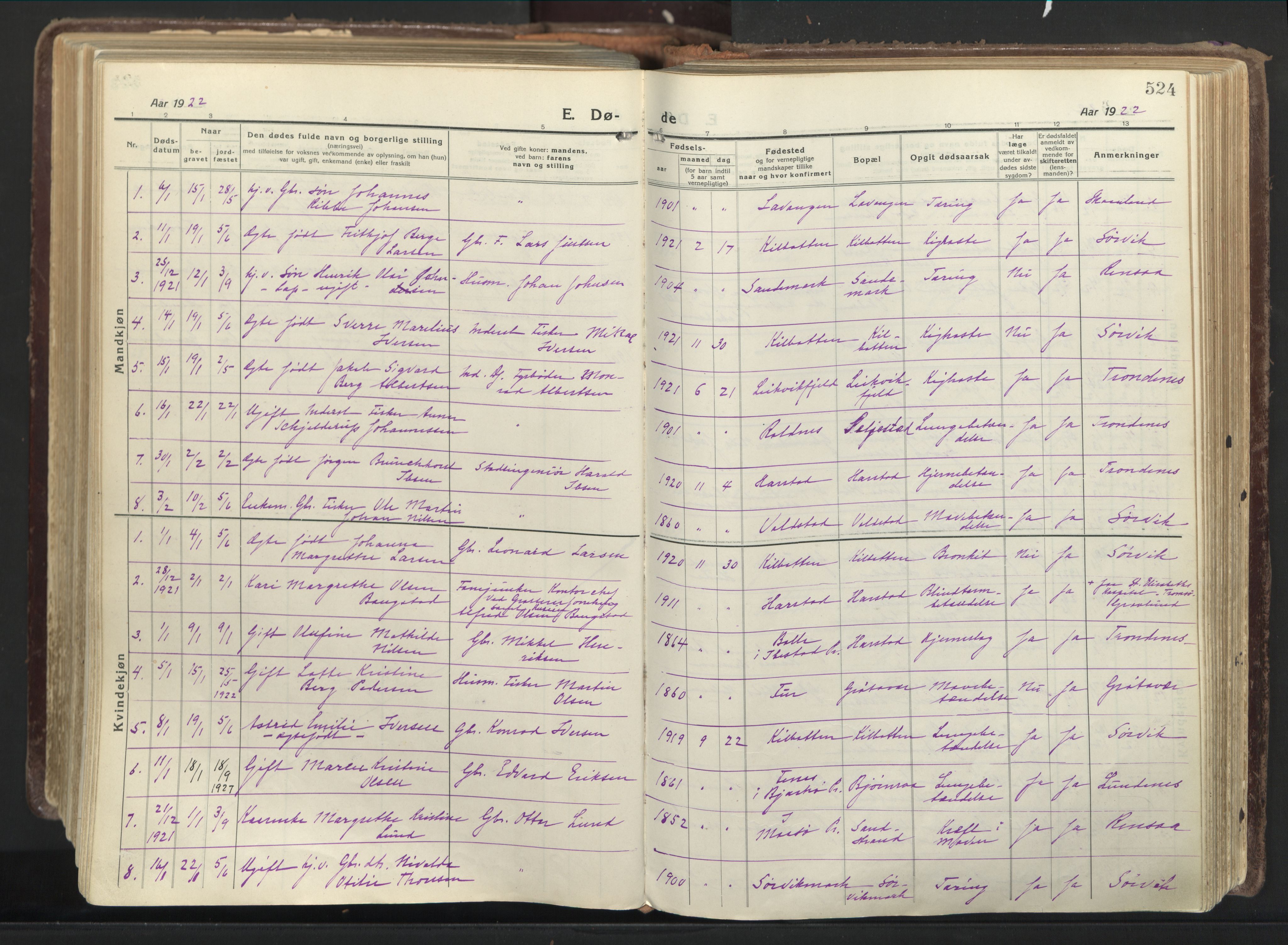 Trondenes sokneprestkontor, AV/SATØ-S-1319/H/Ha/L0019kirke: Parish register (official) no. 19, 1919-1928, p. 524