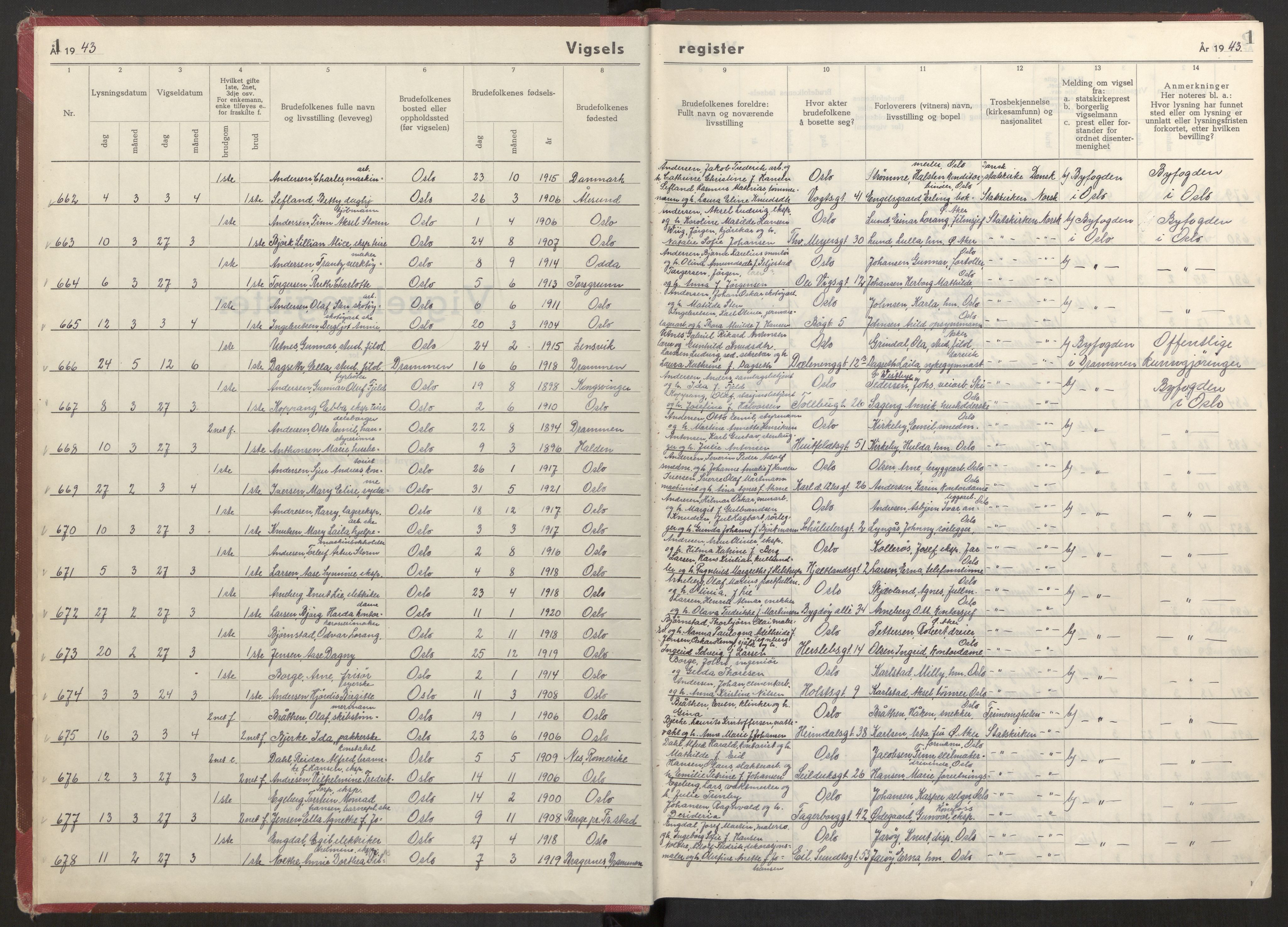 Oslo folkeregister, AV/SAO-A-10991/G/Ga/L0004: Vigselsregister for Oslo, 1943-1944, p. 1