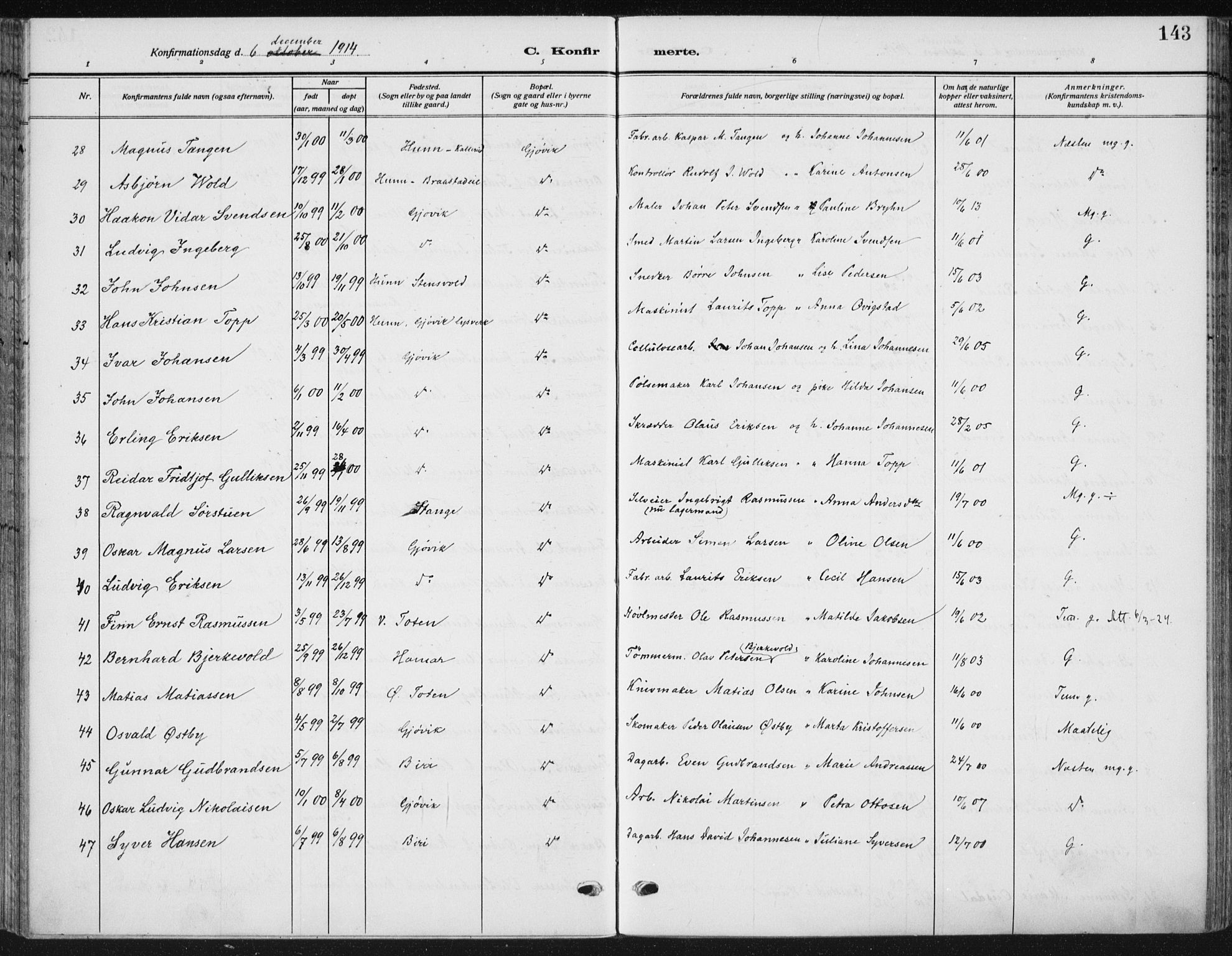 Vardal prestekontor, SAH/PREST-100/H/Ha/Haa/L0014: Parish register (official) no. 14, 1912-1922, p. 143