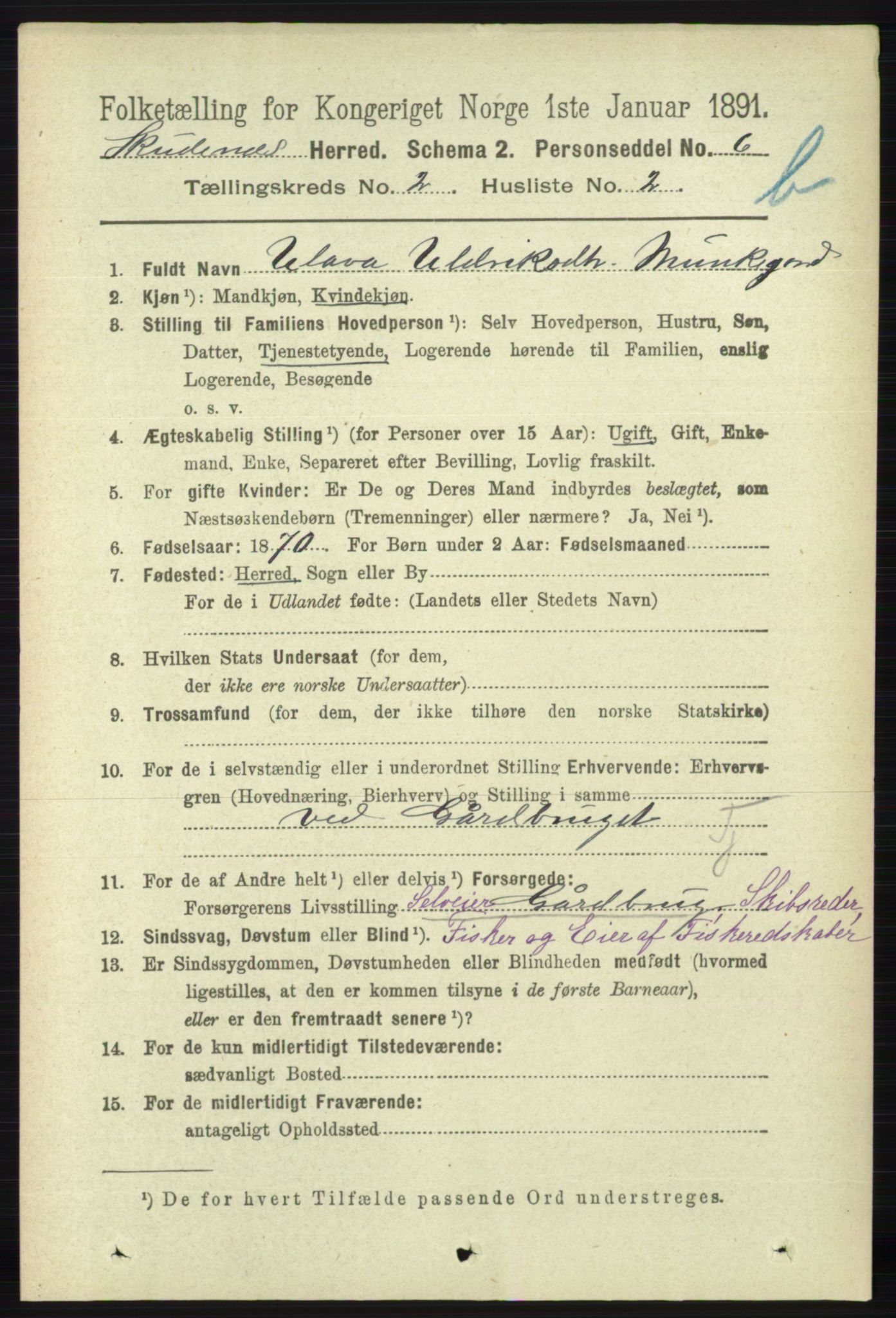 RA, 1891 census for 1150 Skudenes, 1891, p. 3719