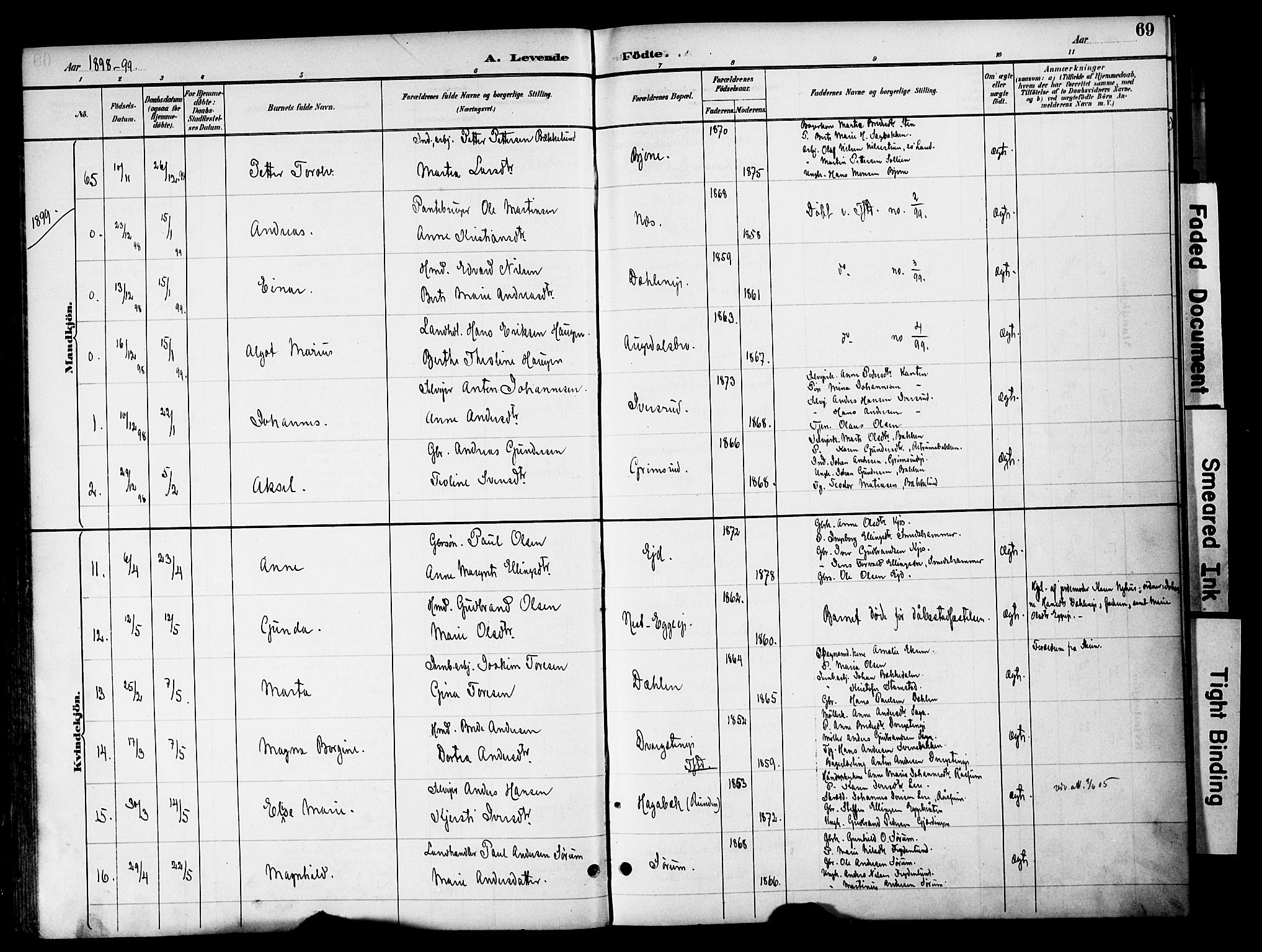 Gran prestekontor, AV/SAH-PREST-112/H/Ha/Haa/L0020: Parish register (official) no. 20, 1889-1899, p. 69