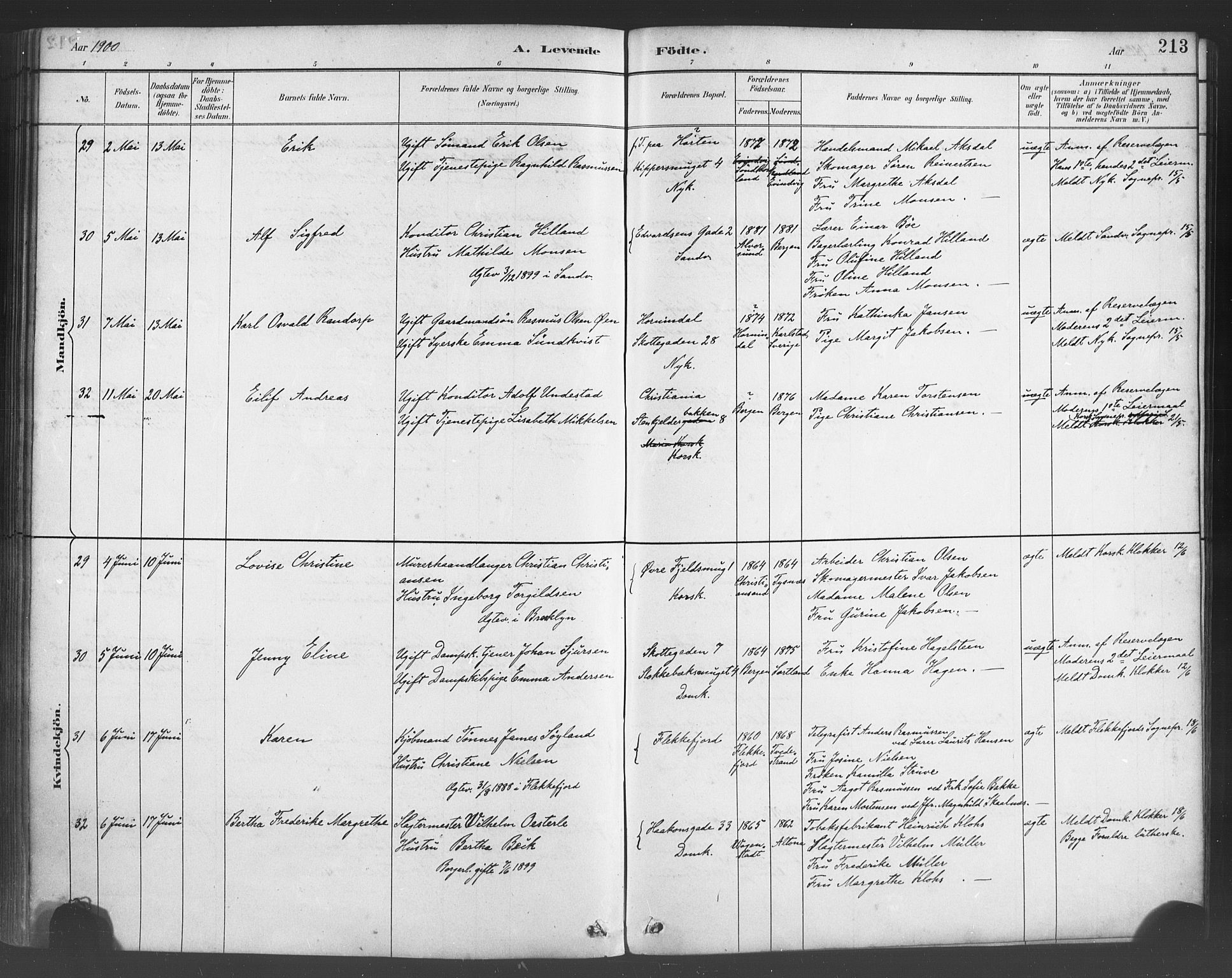 Fødselsstiftelsens sokneprestembete*, SAB/-: Parish register (official) no. A 2, 1884-1900, p. 213