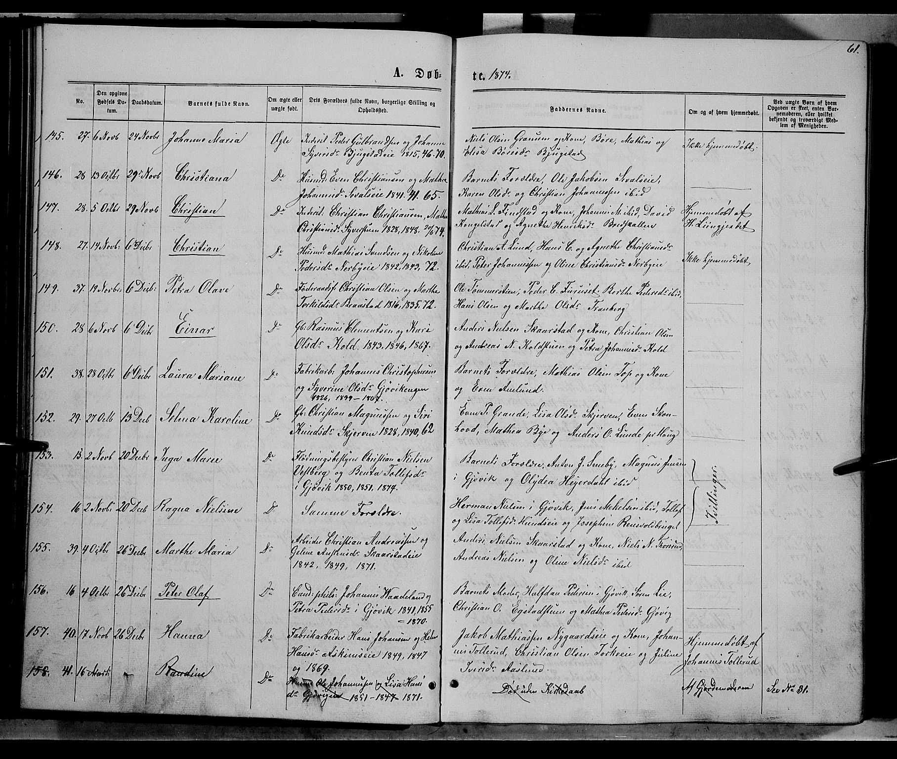 Vardal prestekontor, SAH/PREST-100/H/Ha/Hab/L0006: Parish register (copy) no. 6, 1869-1881, p. 61