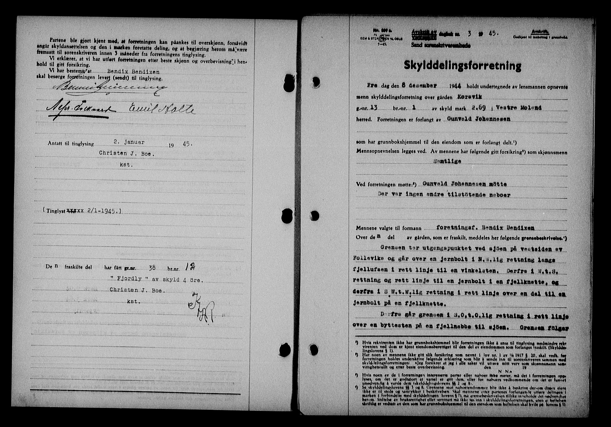 Vestre Nedenes/Sand sorenskriveri, SAK/1221-0010/G/Gb/Gba/L0053: Mortgage book no. A 6, 1944-1945, Diary no: : 3/1945