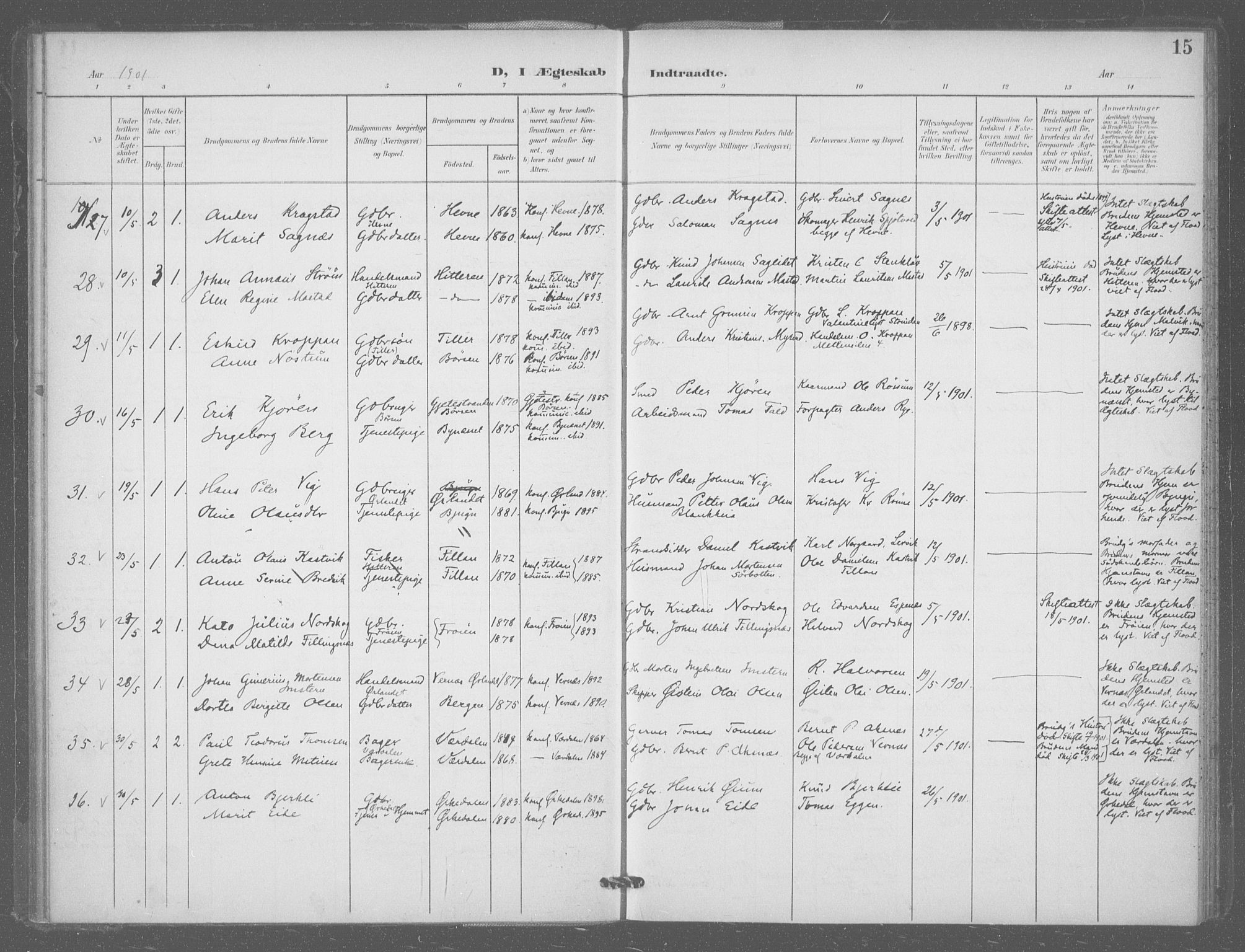 Ministerialprotokoller, klokkerbøker og fødselsregistre - Sør-Trøndelag, AV/SAT-A-1456/601/L0077: Curate's parish register no. 601B10, 1900-1907, p. 15