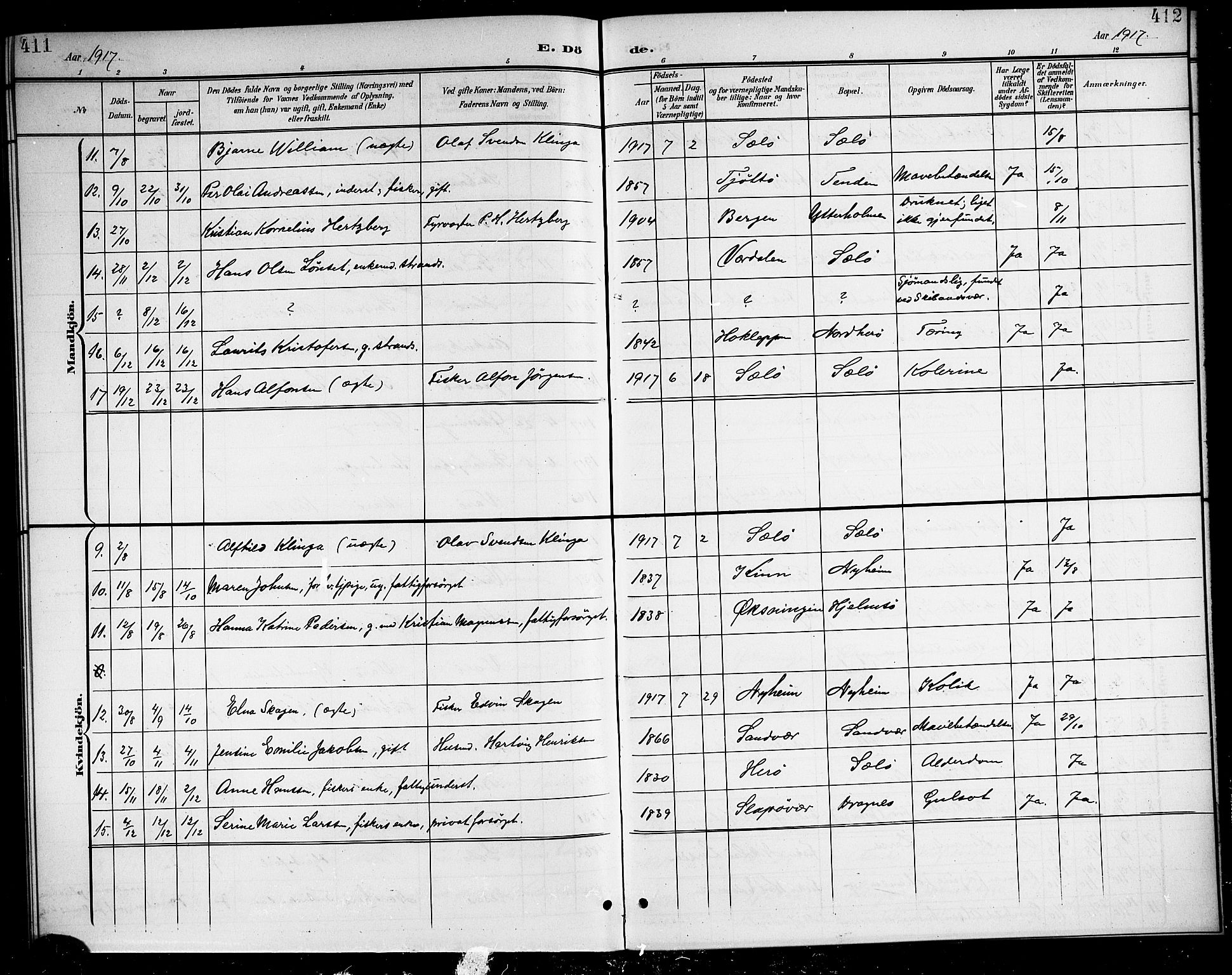 Ministerialprotokoller, klokkerbøker og fødselsregistre - Nordland, AV/SAT-A-1459/834/L0516: Parish register (copy) no. 834C06, 1902-1918, p. 411-412