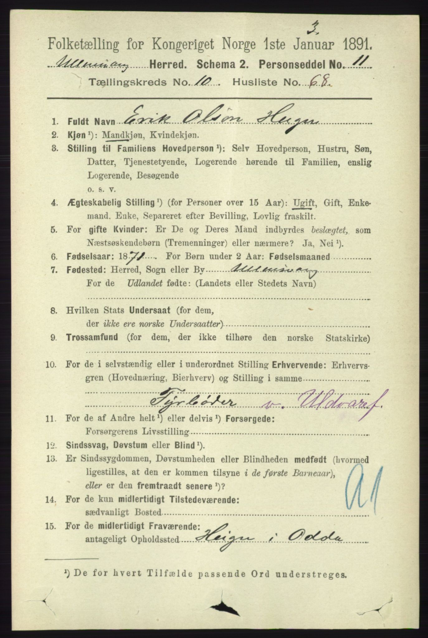 RA, 1891 census for 1230 Ullensvang, 1891, p. 4197