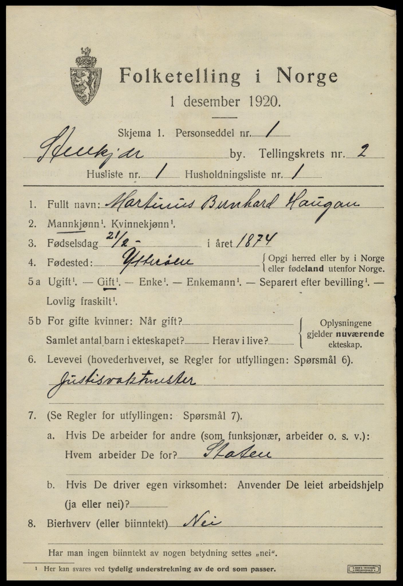 SAT, 1920 census for Steinkjer, 1920, p. 4084