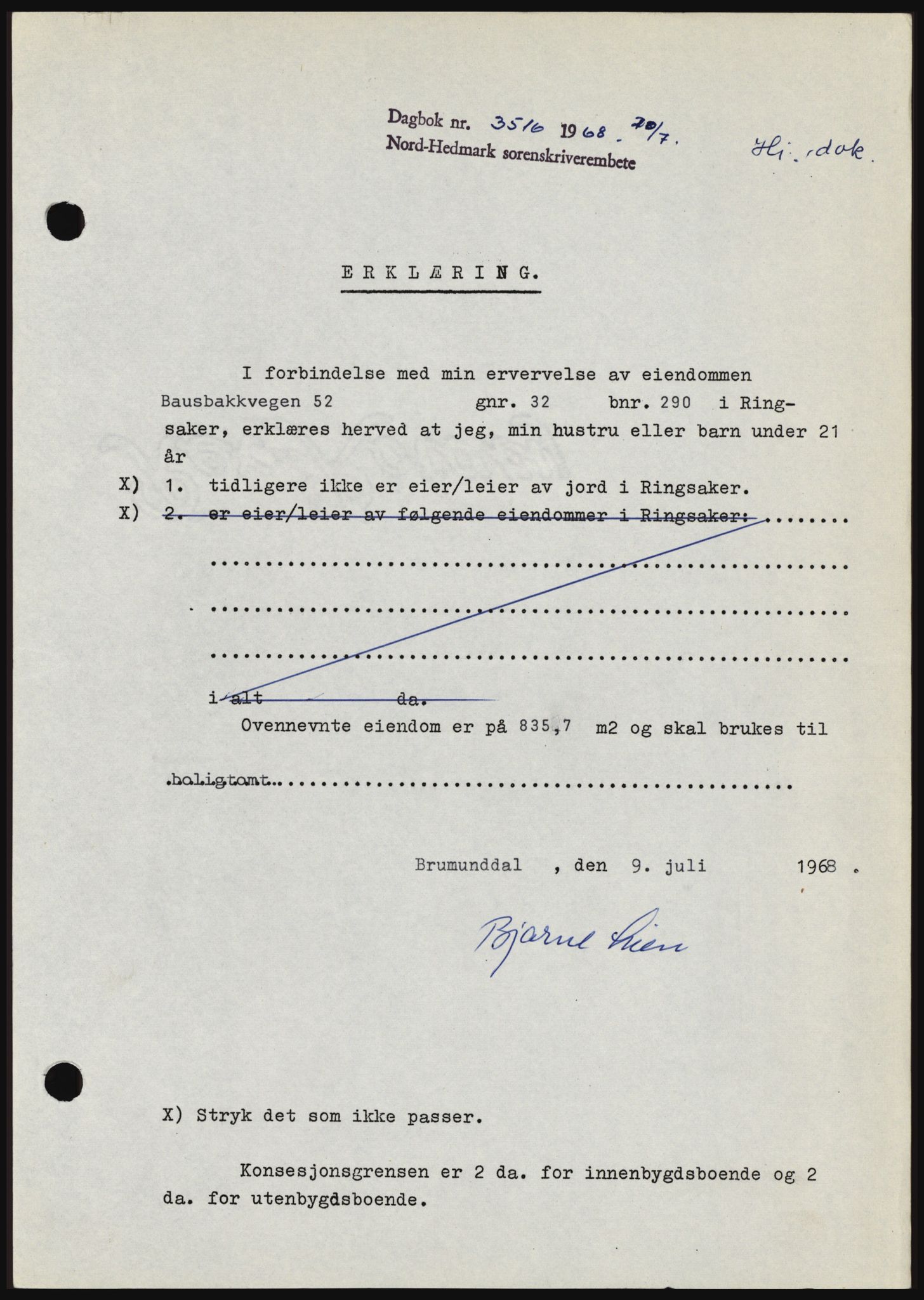 Nord-Hedmark sorenskriveri, SAH/TING-012/H/Hc/L0028: Mortgage book no. 28, 1968-1968, Diary no: : 3516/1968