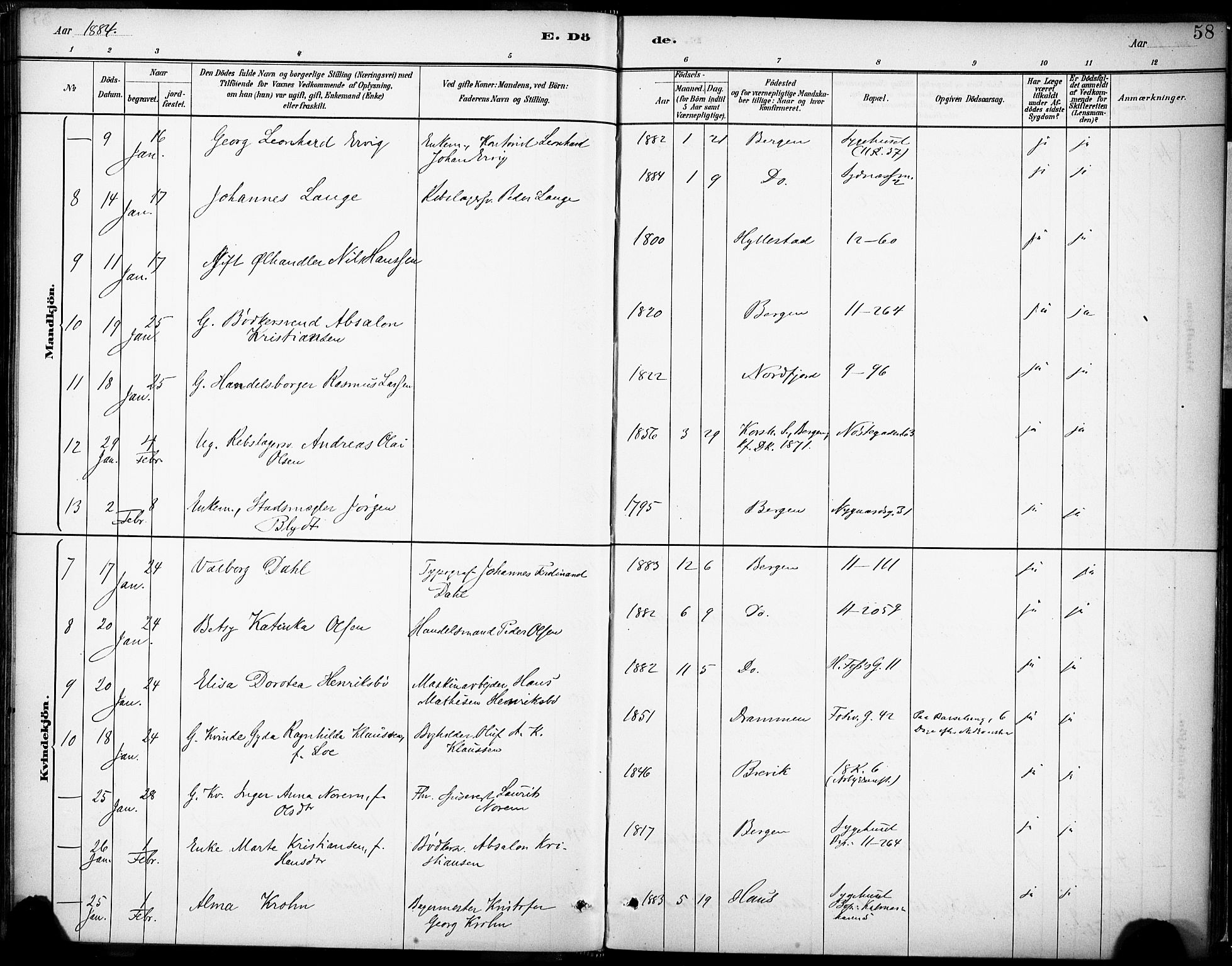 Domkirken sokneprestembete, AV/SAB-A-74801/H/Haa/L0043: Parish register (official) no. E 5, 1882-1904, p. 58