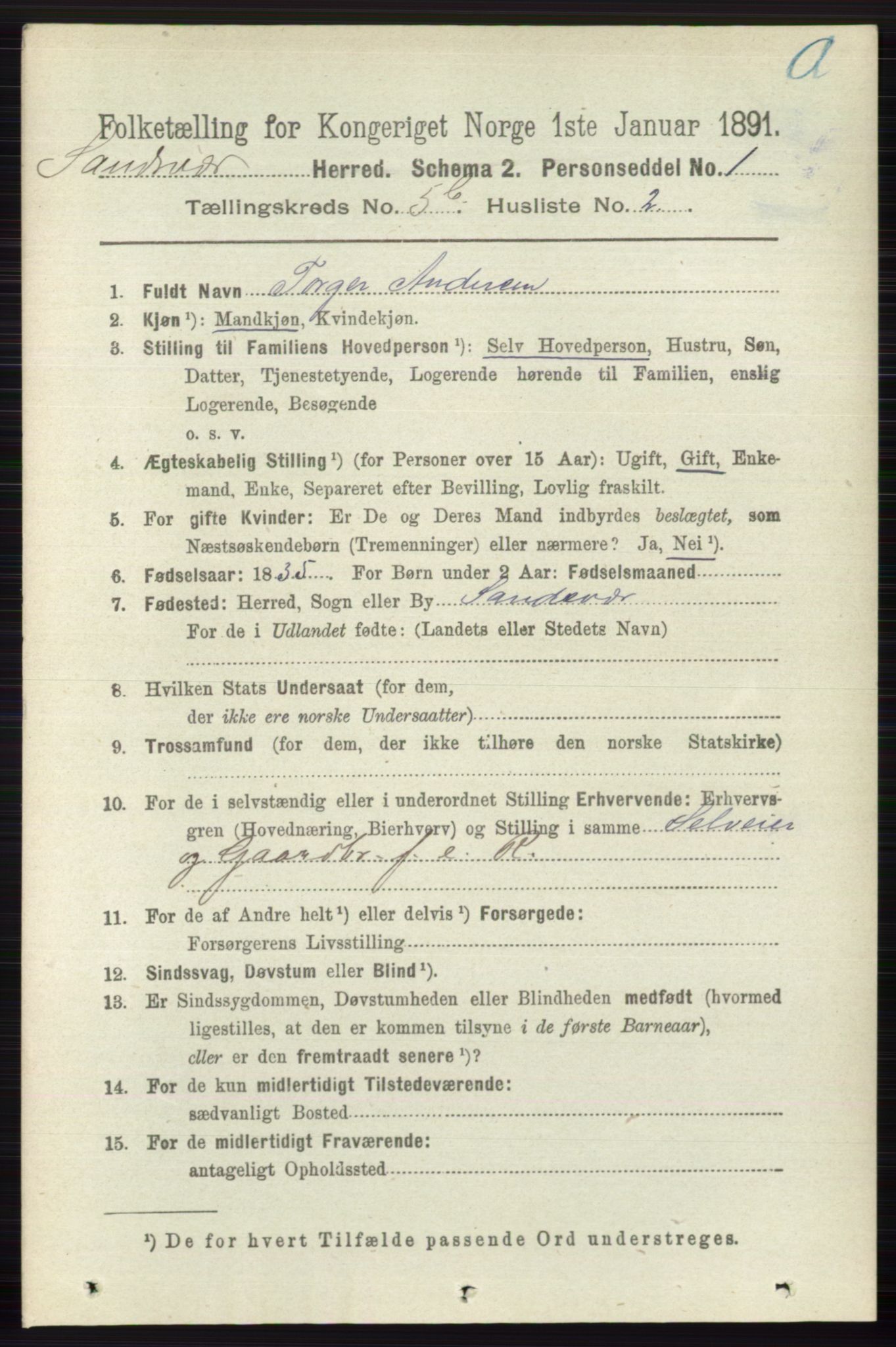 RA, 1891 census for 0629 Sandsvær, 1891, p. 2794