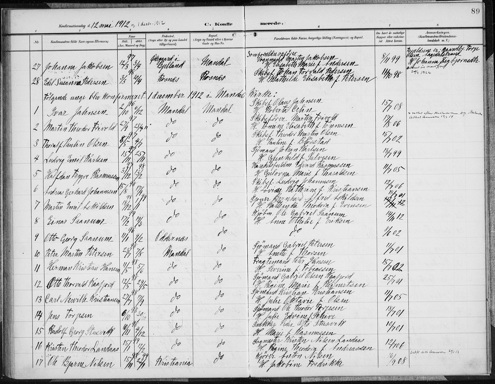 Mandal sokneprestkontor, AV/SAK-1111-0030/F/Fa/Faa/L0019: Parish register (official) no. A 19, 1902-1912, p. 89