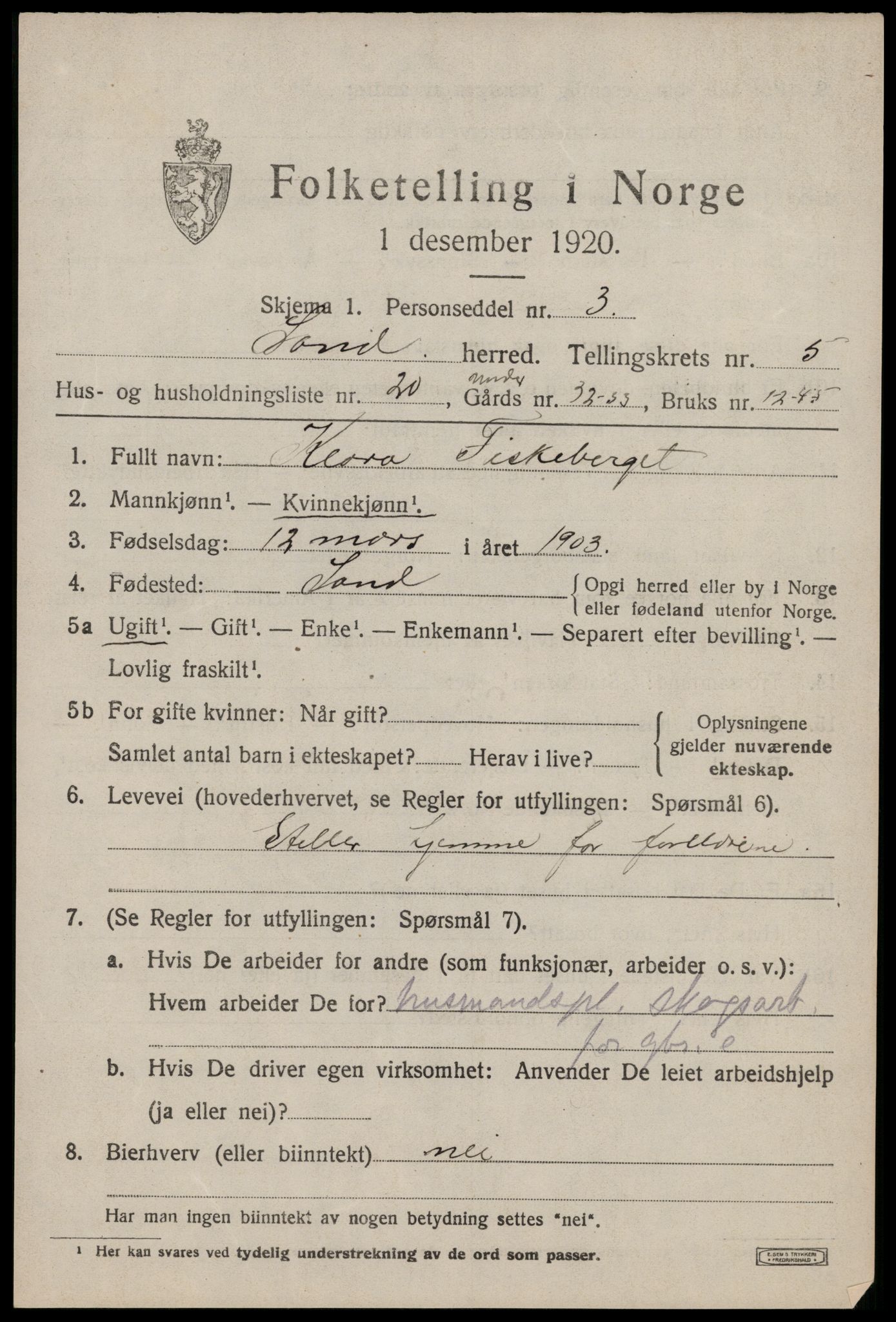 SAST, 1920 census for Sand, 1920, p. 2105