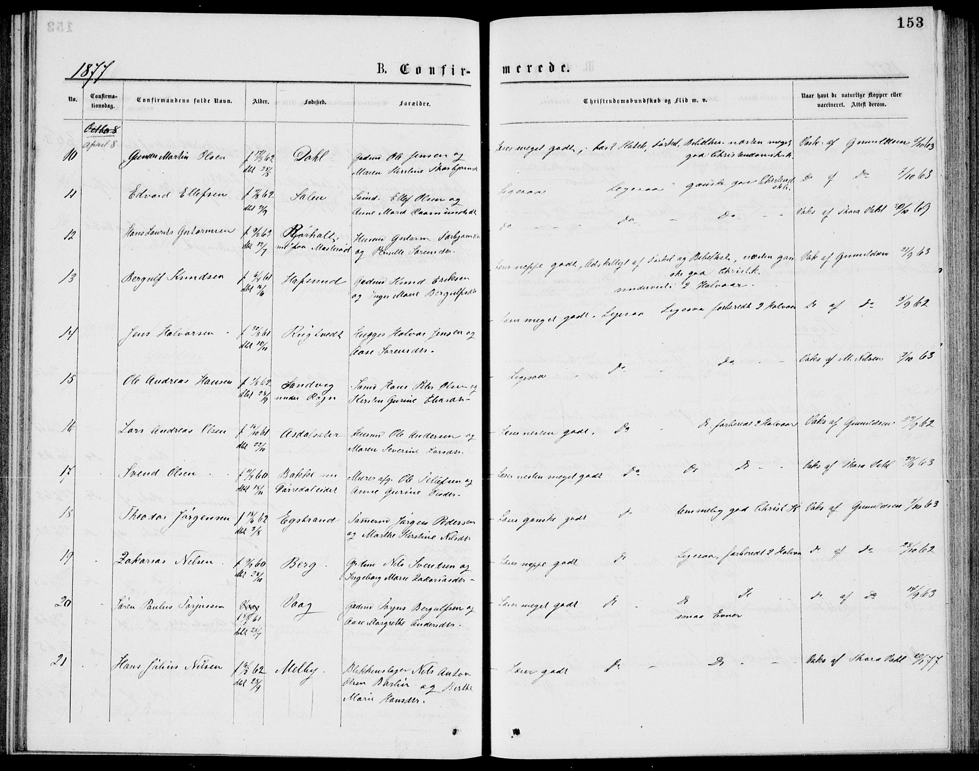 Bamble kirkebøker, SAKO/A-253/G/Ga/L0007: Parish register (copy) no. I 7, 1876-1877, p. 153