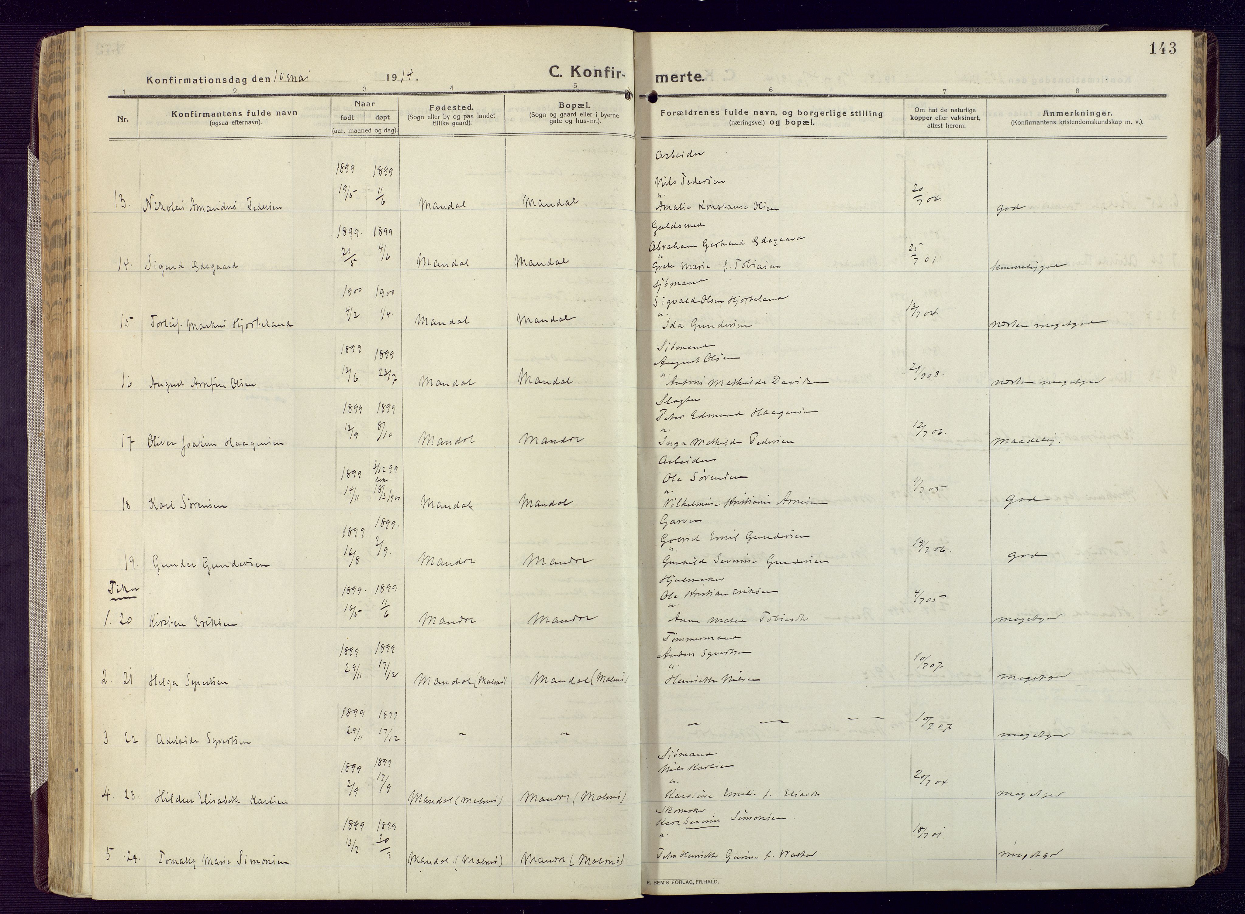 Mandal sokneprestkontor, AV/SAK-1111-0030/F/Fa/Fac/L0001: Parish register (official) no. A 1, 1913-1925, p. 143