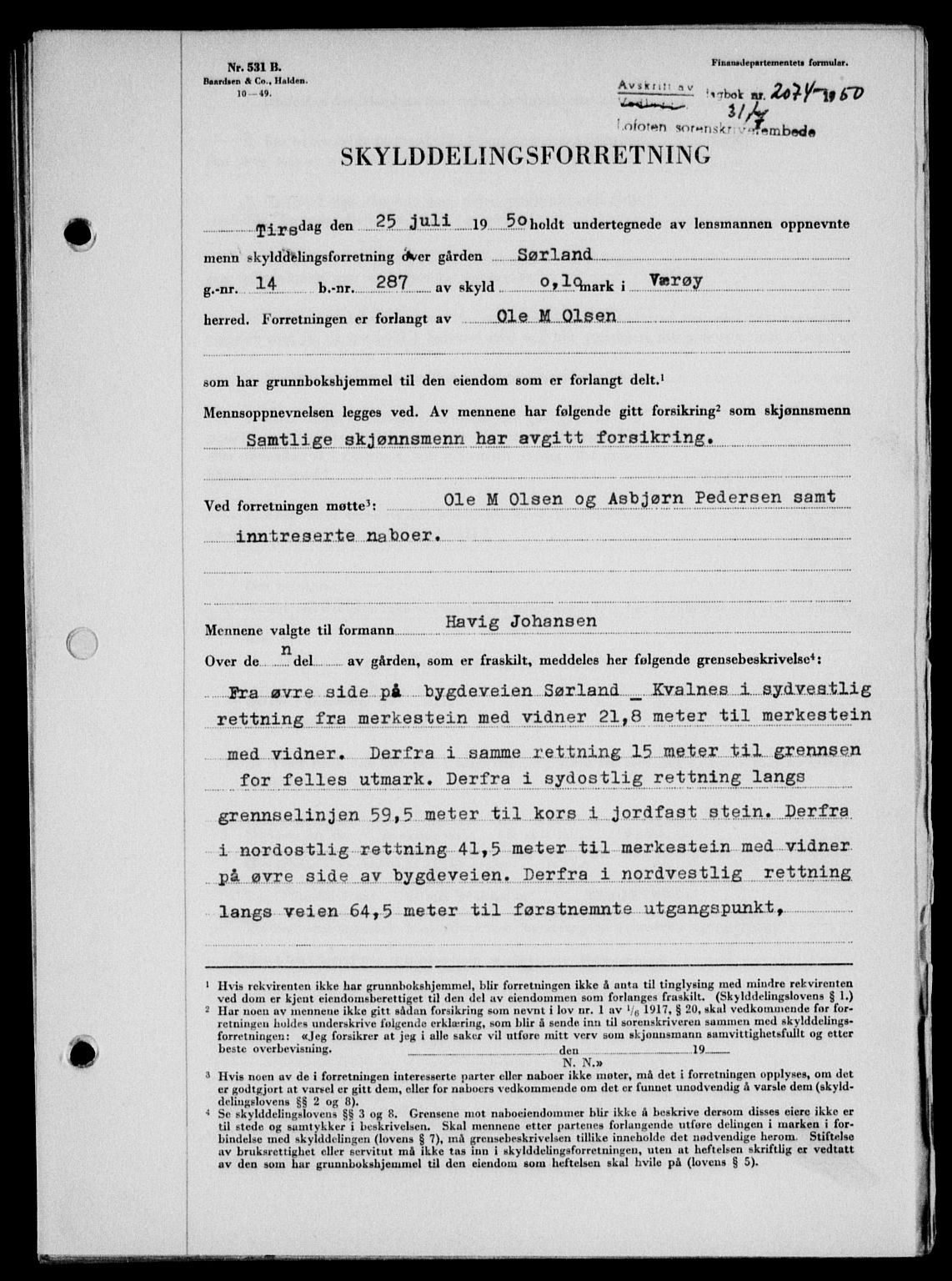 Lofoten sorenskriveri, SAT/A-0017/1/2/2C/L0024a: Mortgage book no. 24a, 1950-1950, Diary no: : 2074/1950