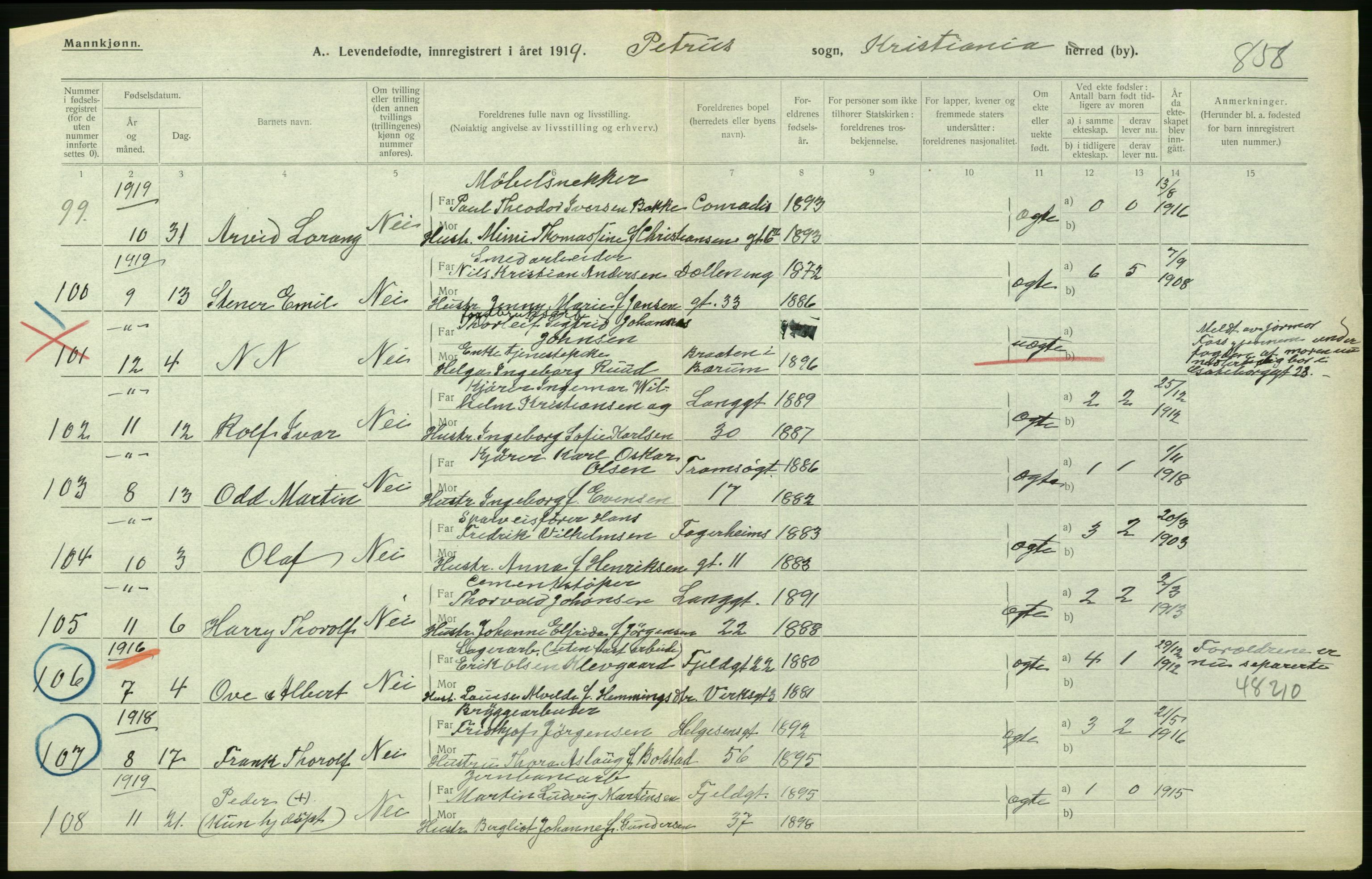 Statistisk sentralbyrå, Sosiodemografiske emner, Befolkning, AV/RA-S-2228/D/Df/Dfb/Dfbi/L0008: Kristiania: Levendefødte menn og kvinner., 1919