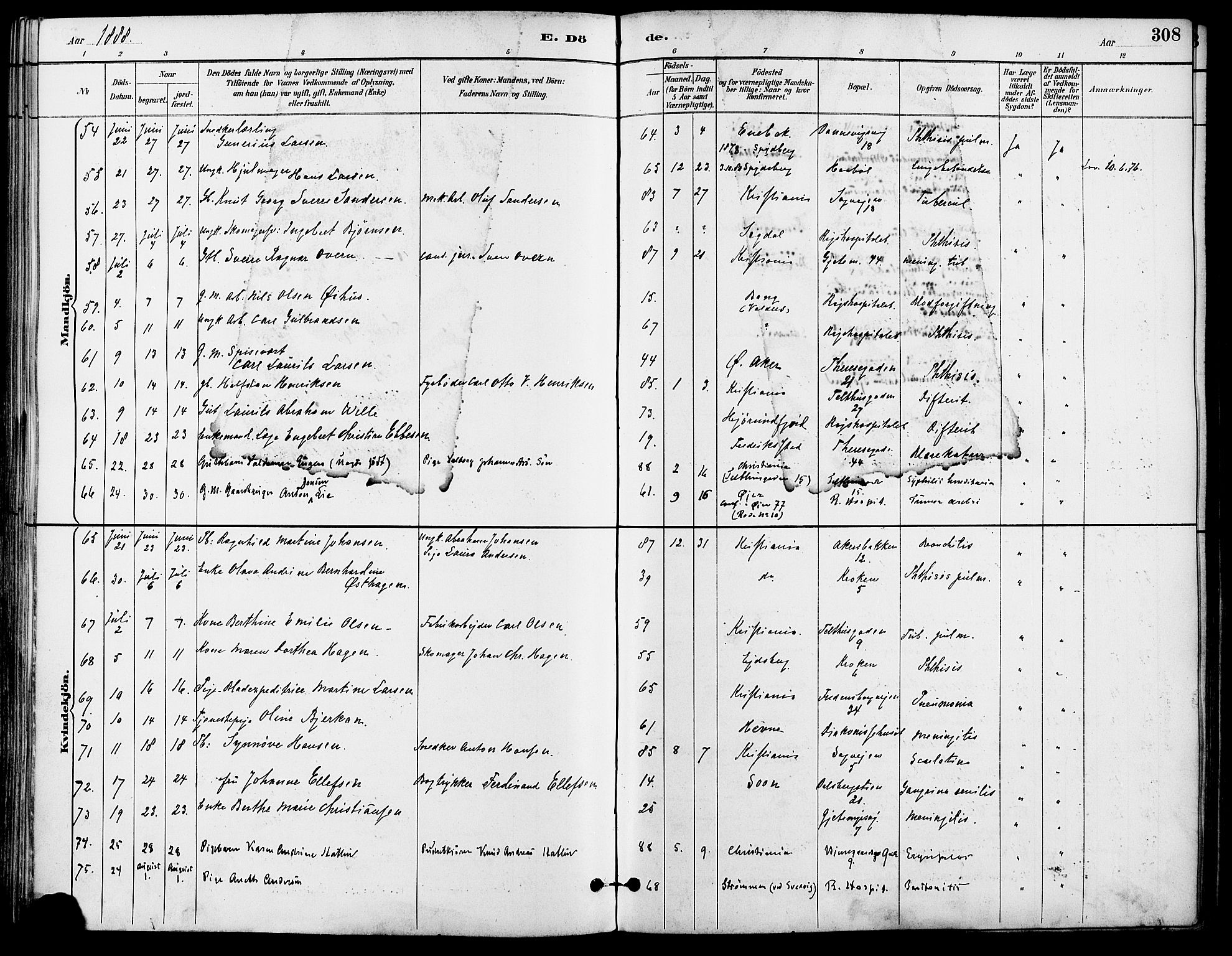 Gamle Aker prestekontor Kirkebøker, SAO/A-10617a/F/L0008: Parish register (official) no. 8, 1887-1896, p. 308