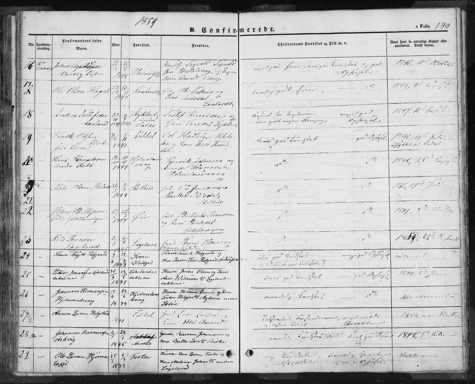 Hjelmeland sokneprestkontor, AV/SAST-A-101843/01/IV/L0009: Parish register (official) no. A 9, 1846-1860, p. 149