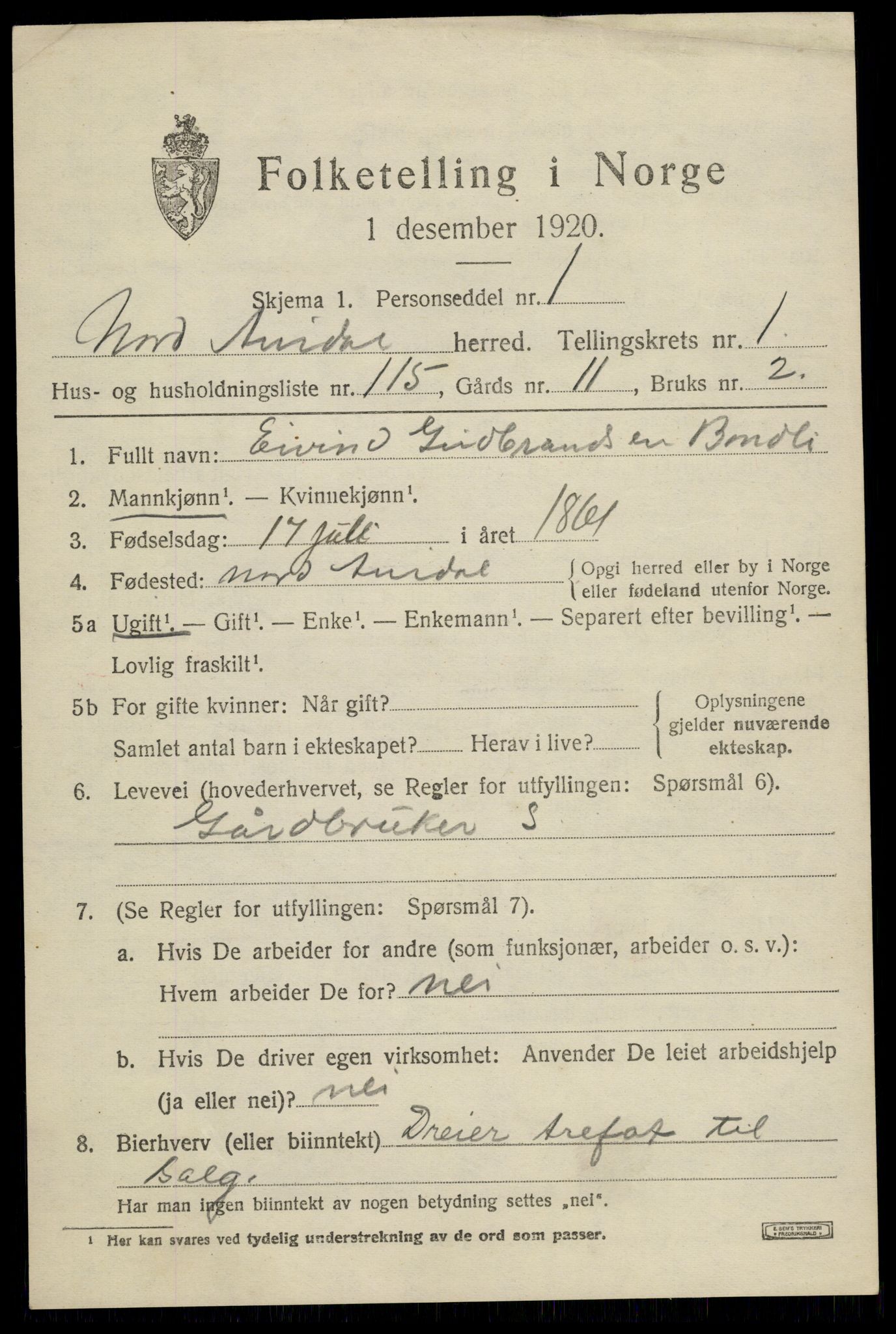 SAH, 1920 census for Nord-Aurdal, 1920, p. 3120