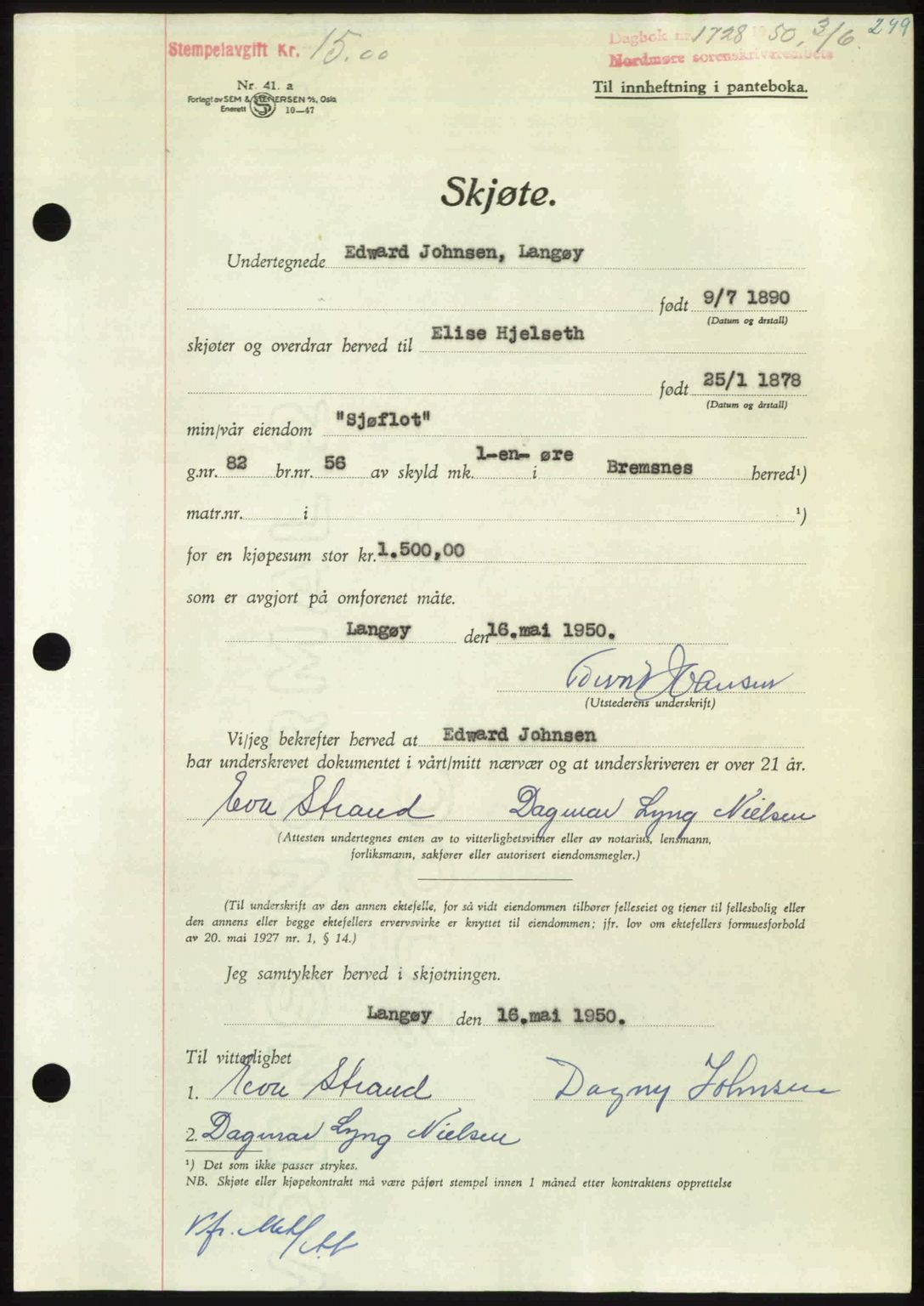 Nordmøre sorenskriveri, AV/SAT-A-4132/1/2/2Ca: Mortgage book no. A115, 1950-1950, Diary no: : 1728/1950