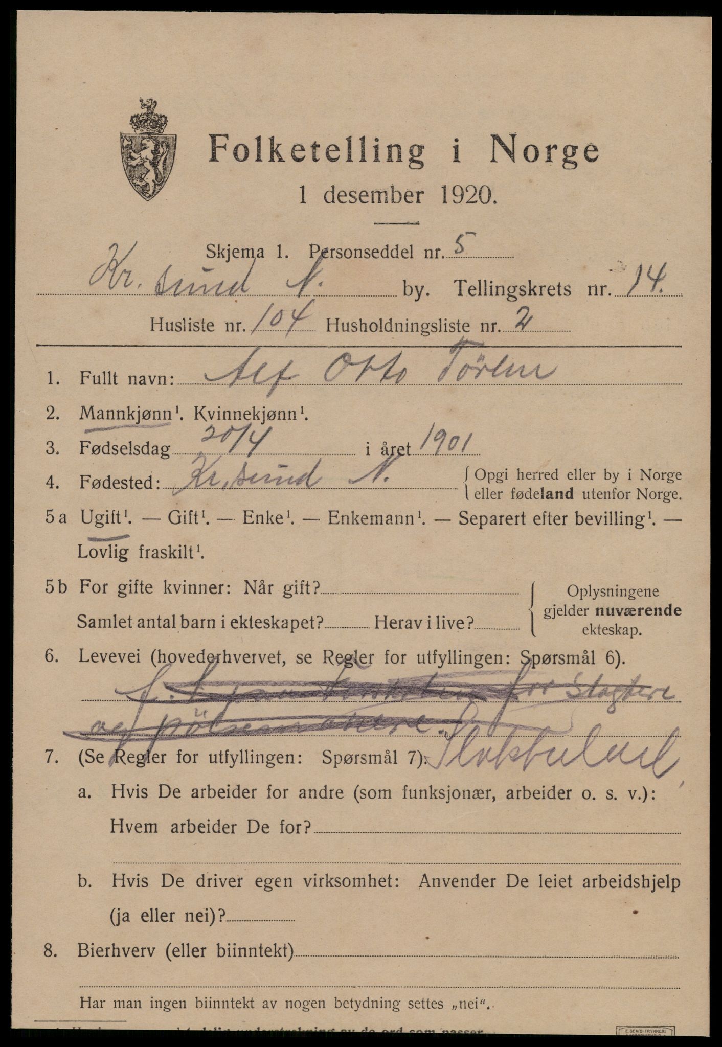 SAT, 1920 census for Kristiansund, 1920, p. 30891