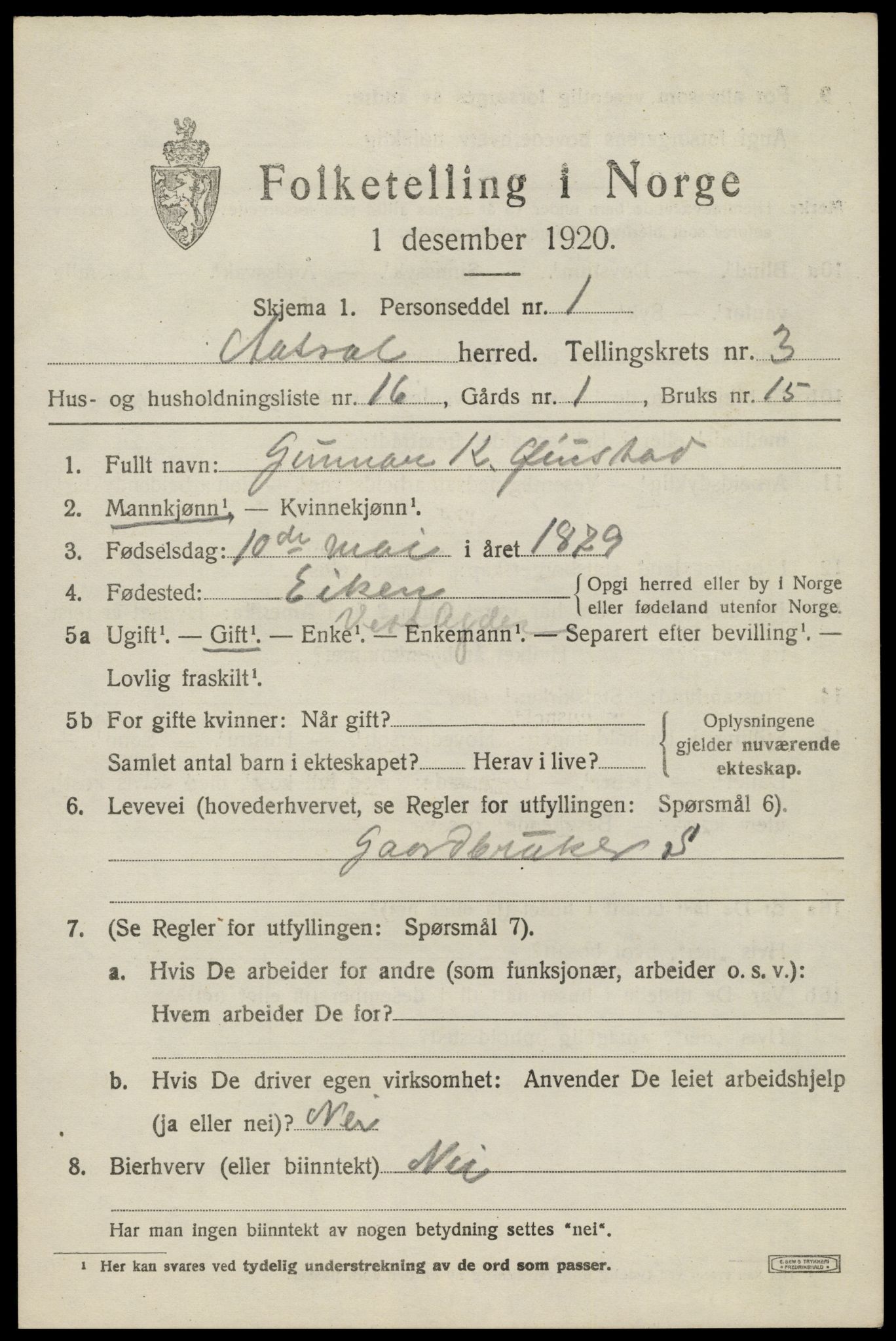 SAK, 1920 census for Åseral, 1920, p. 1142
