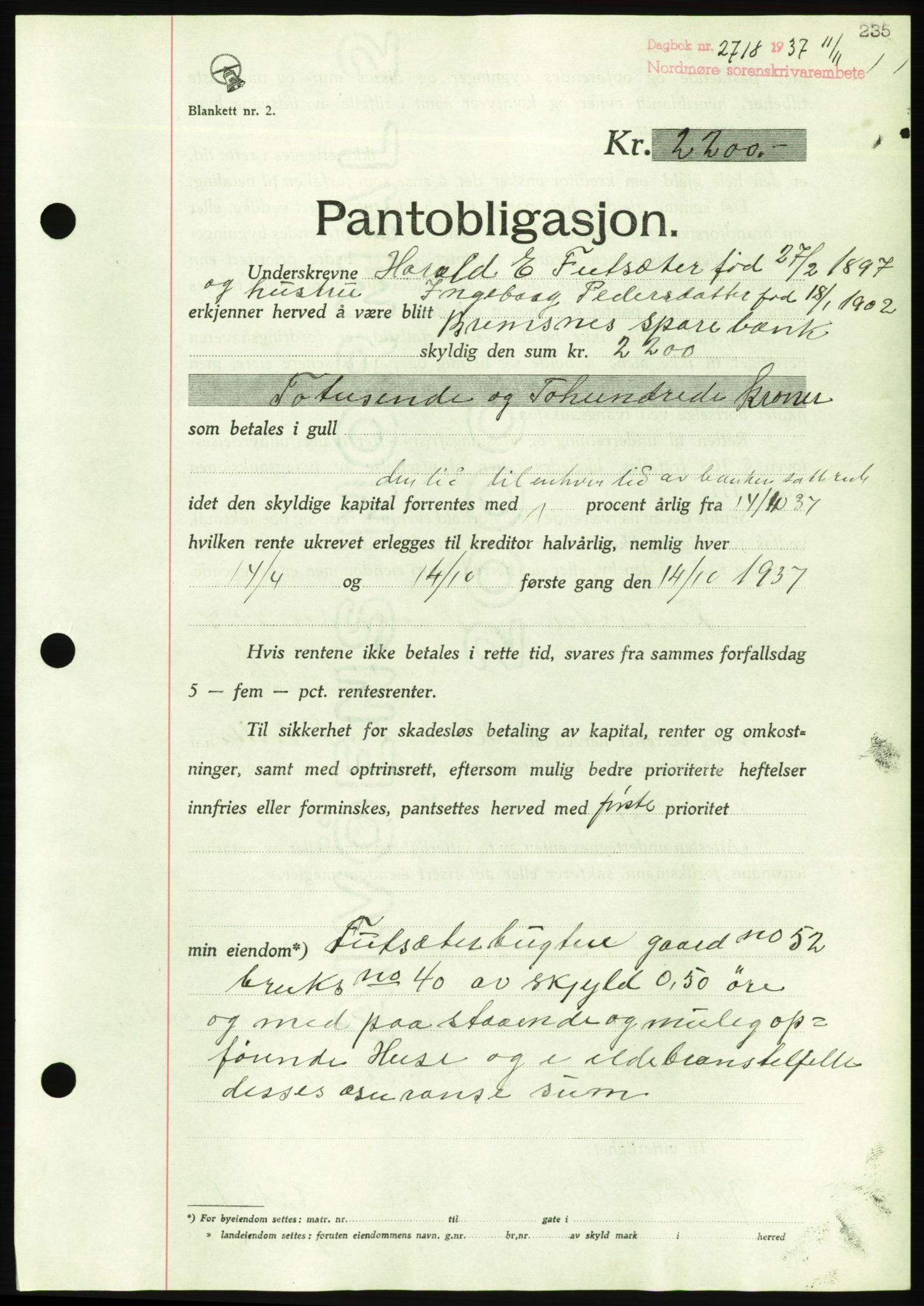 Nordmøre sorenskriveri, AV/SAT-A-4132/1/2/2Ca/L0092: Mortgage book no. B82, 1937-1938, Diary no: : 2718/1937