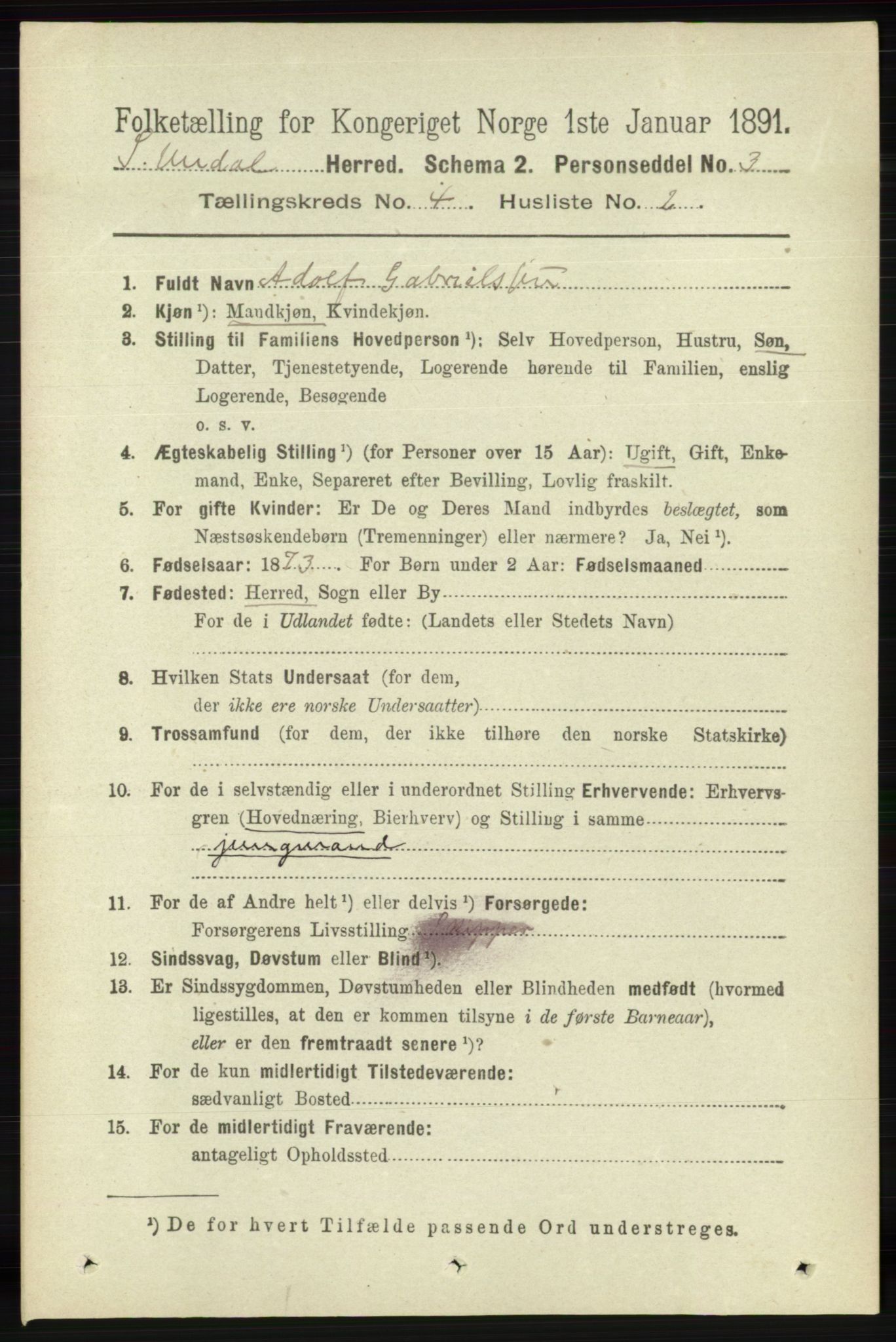 RA, 1891 census for 1029 Sør-Audnedal, 1891, p. 1414