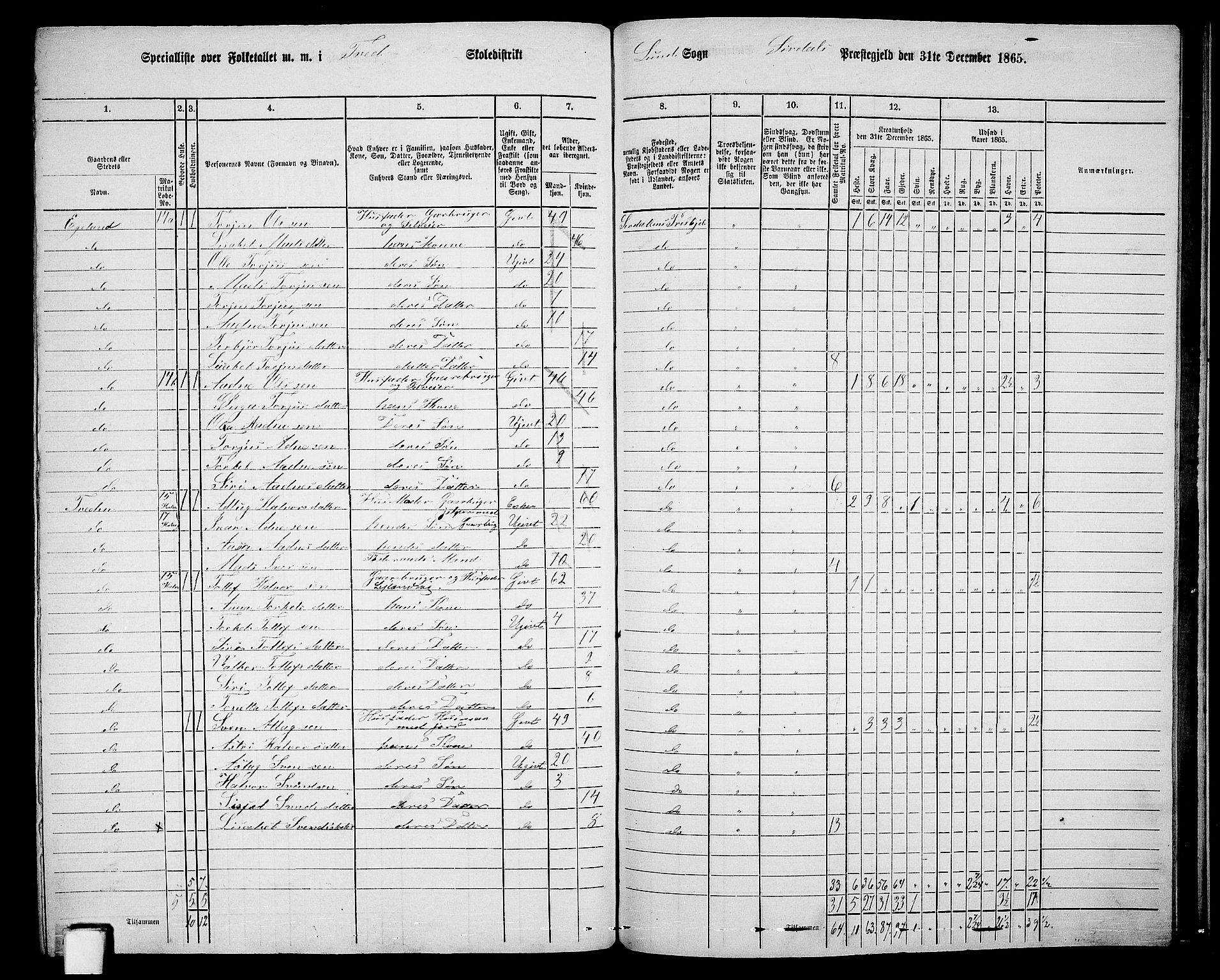 RA, 1865 census for Sirdal, 1865, p. 66