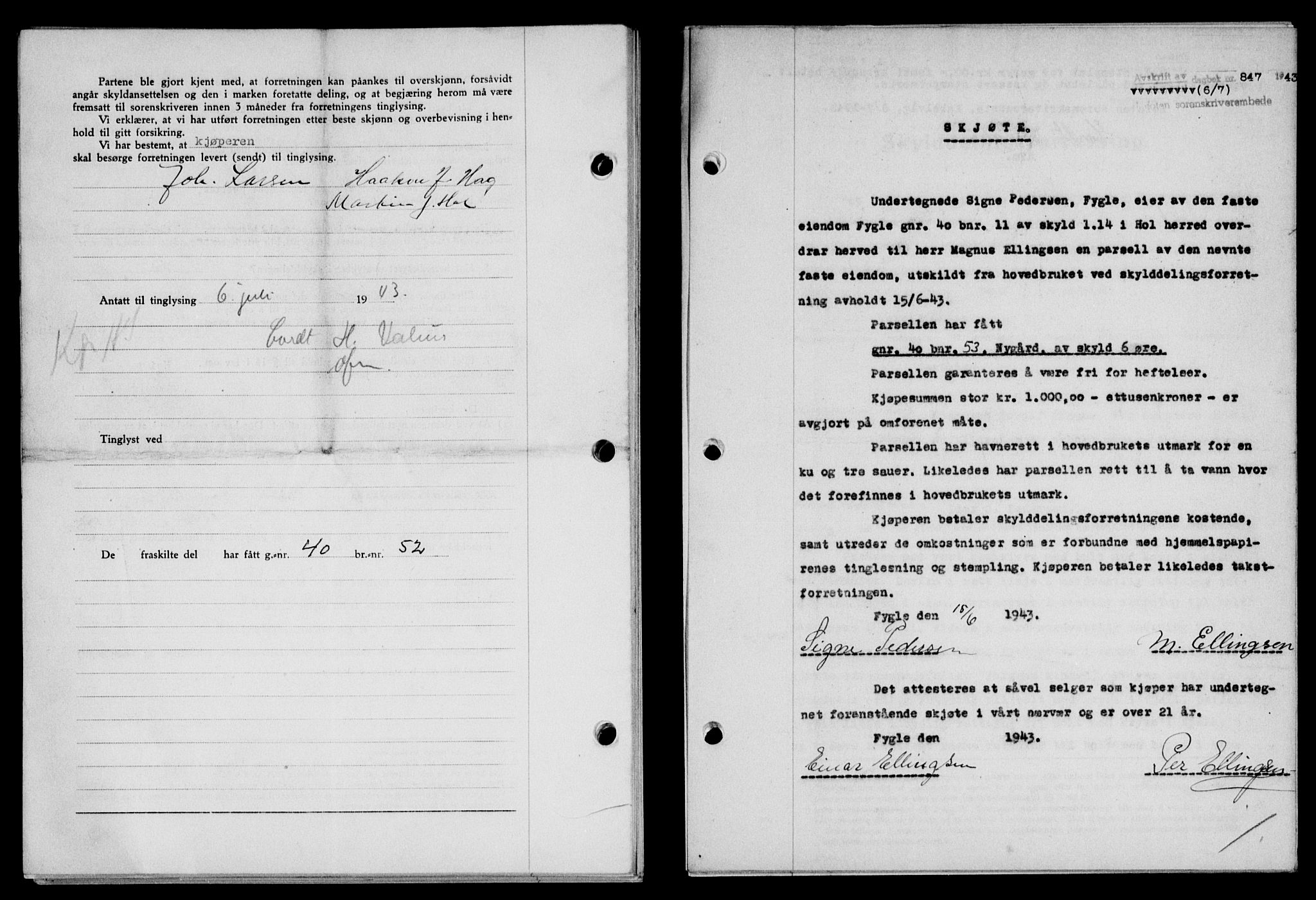 Lofoten sorenskriveri, SAT/A-0017/1/2/2C/L0011a: Mortgage book no. 11a, 1943-1943, Diary no: : 847/1943