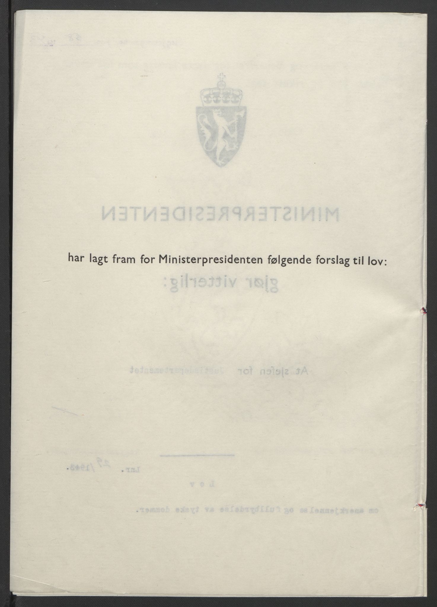 NS-administrasjonen 1940-1945 (Statsrådsekretariatet, de kommisariske statsråder mm), AV/RA-S-4279/D/Db/L0099: Lover, 1943, p. 120