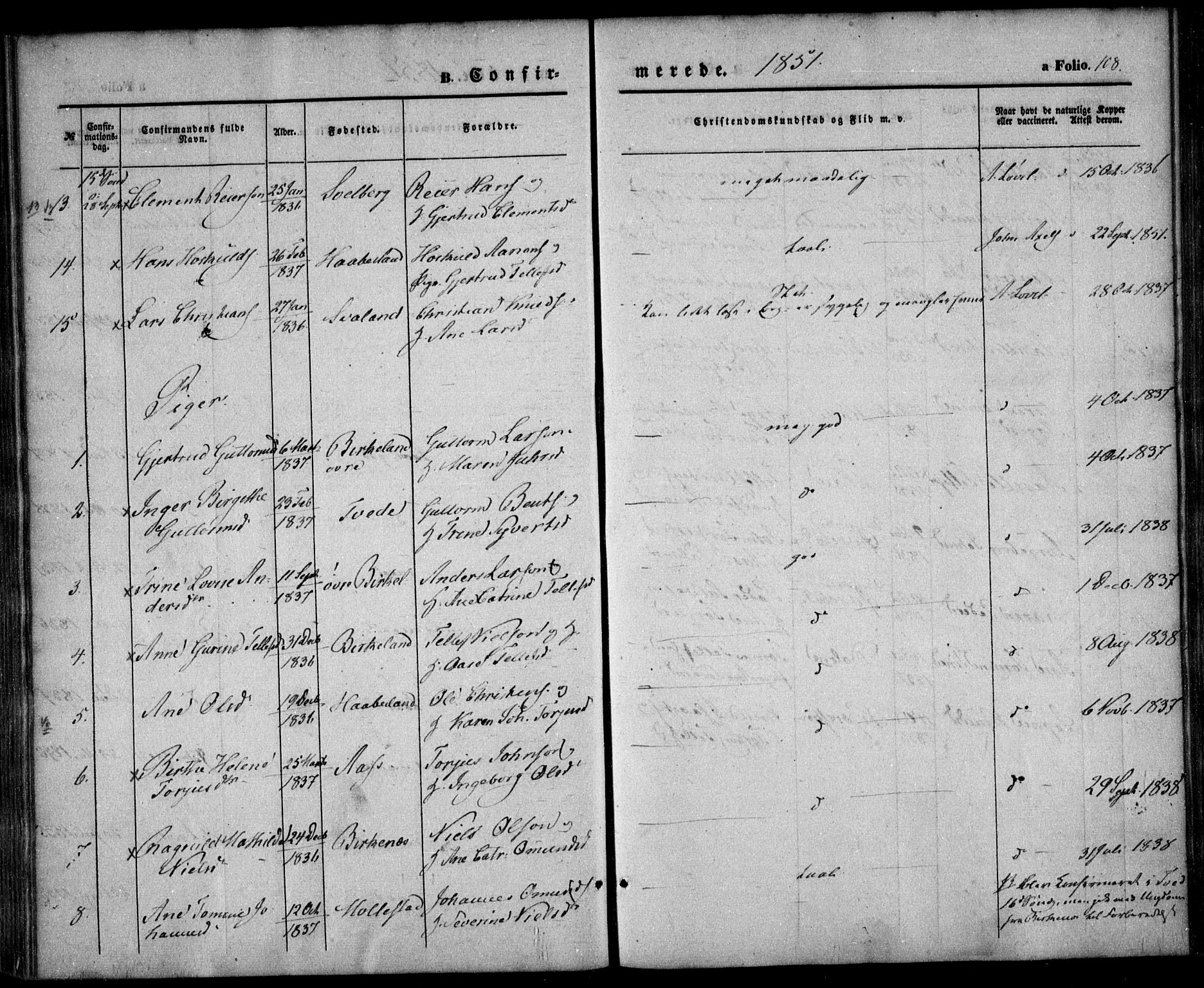 Birkenes sokneprestkontor, AV/SAK-1111-0004/F/Fa/L0003: Parish register (official) no. A 3, 1850-1866, p. 108