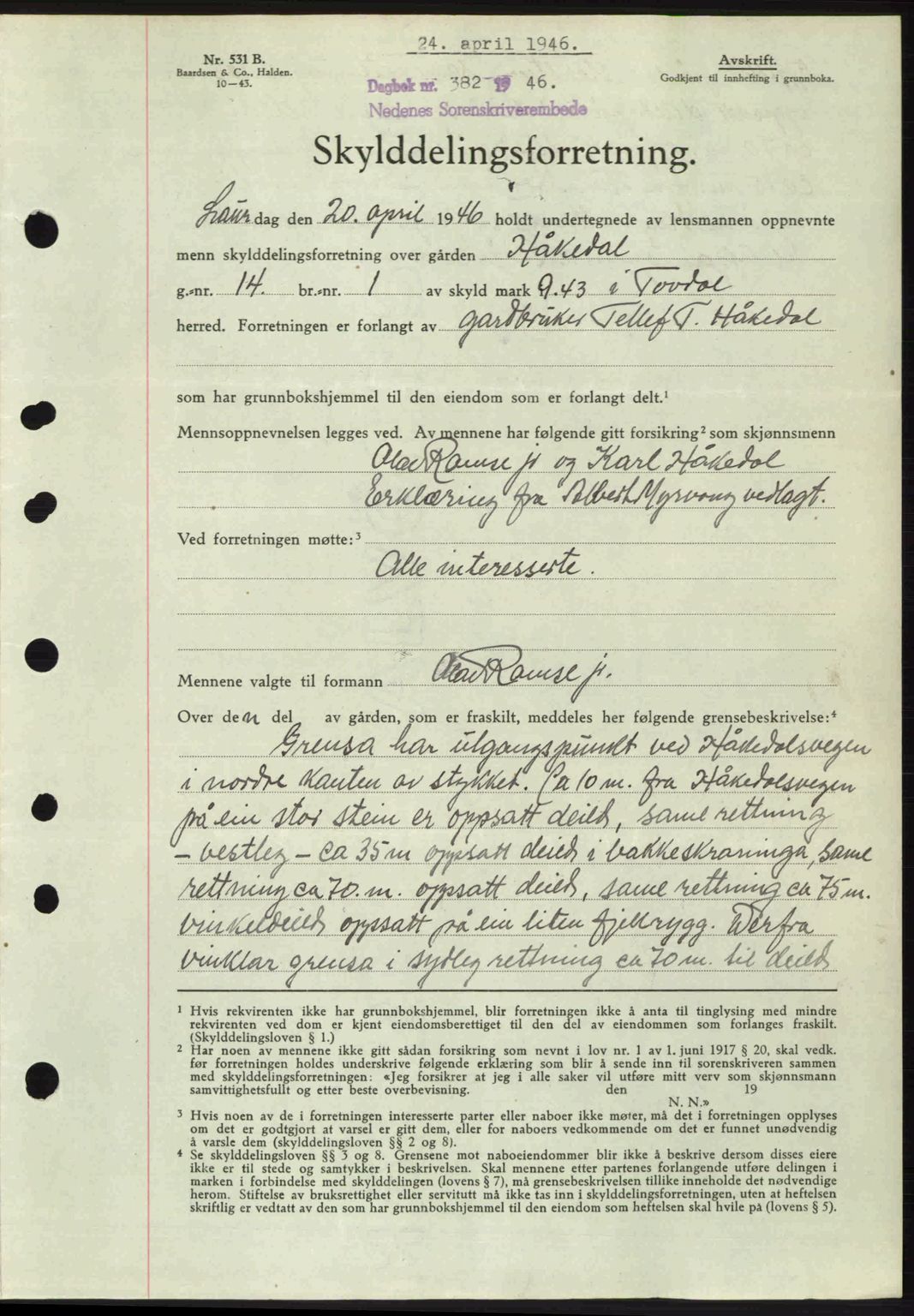 Nedenes sorenskriveri, SAK/1221-0006/G/Gb/Gba/L0054: Mortgage book no. A6c, 1946-1946, Diary no: : 382/1946