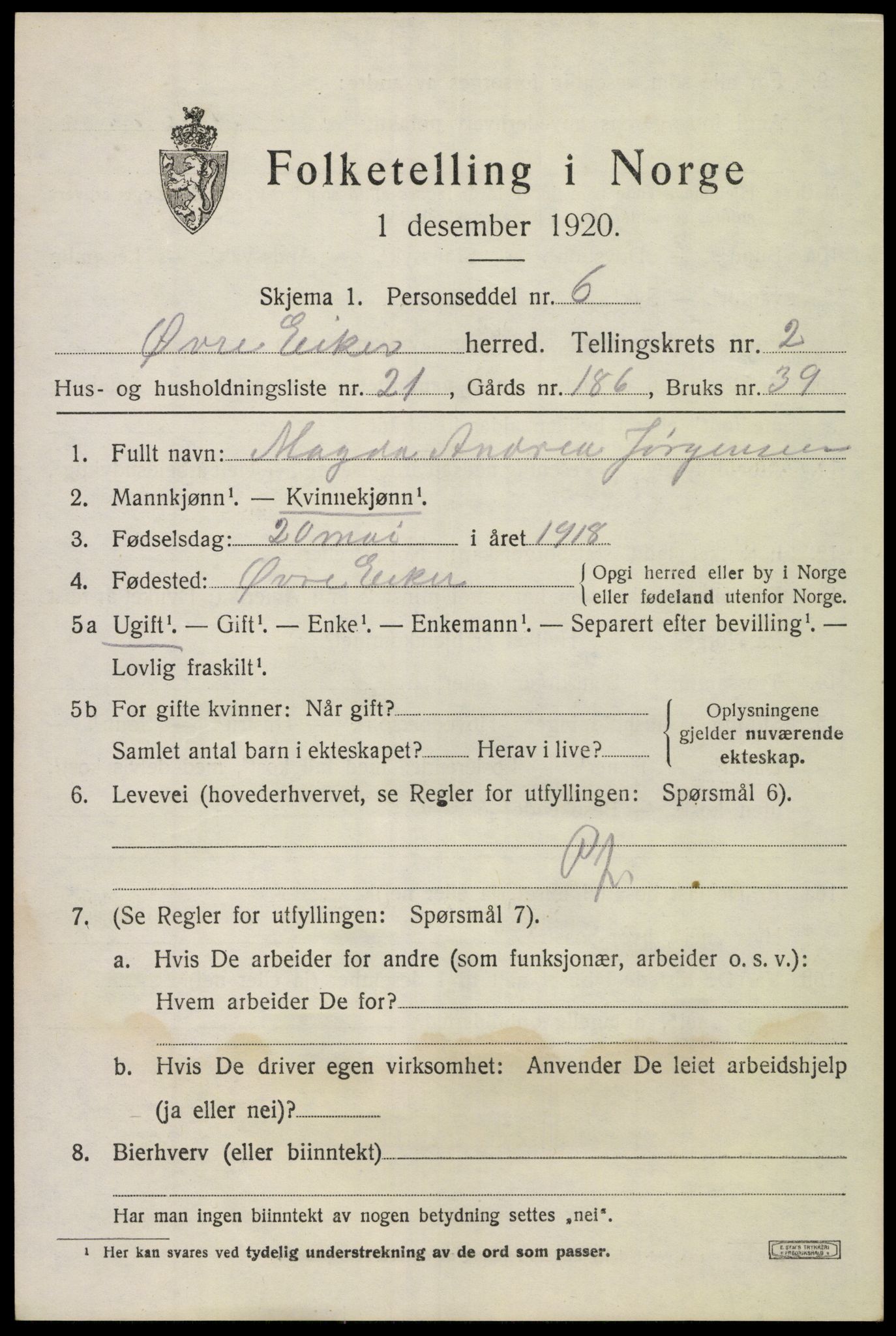 SAKO, 1920 census for Øvre Eiker, 1920, p. 6884