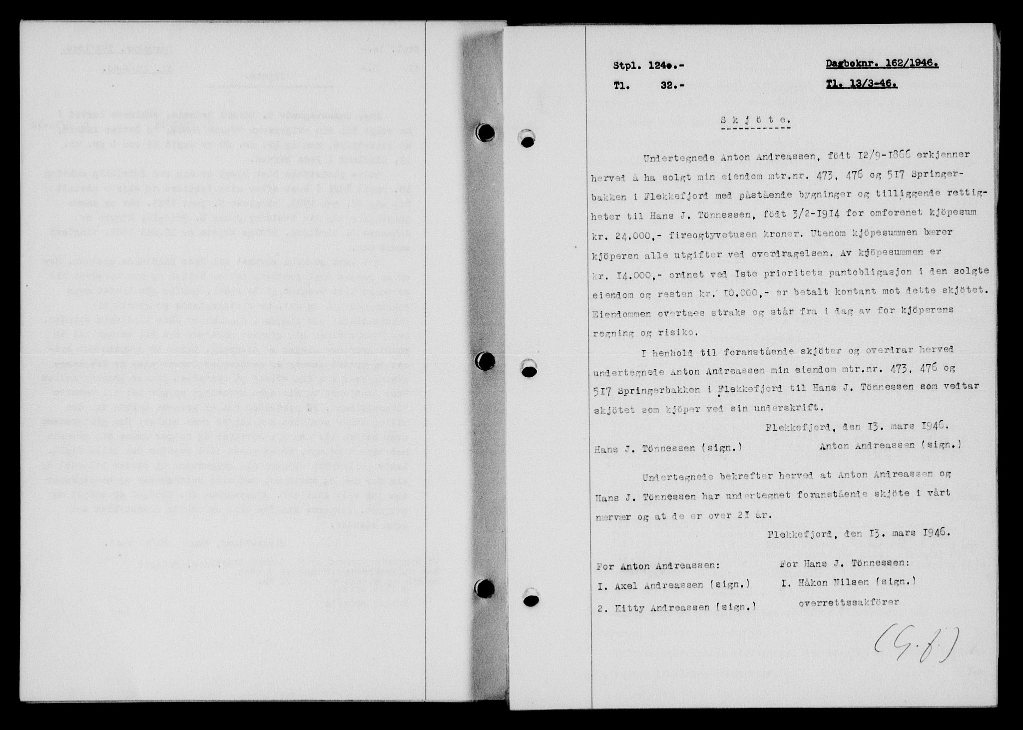 Flekkefjord sorenskriveri, SAK/1221-0001/G/Gb/Gba/L0060: Mortgage book no. A-8, 1945-1946, Diary no: : 162/1946