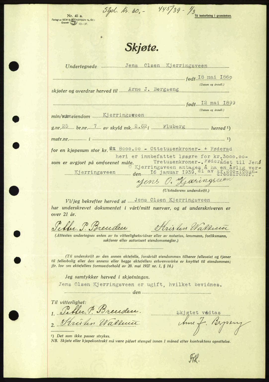 Hadeland og Land tingrett, AV/SAH-TING-010/H/Hb/Hbb/L0077: Mortgage book no. A77, 1938-1939, Diary no: : 445/1939