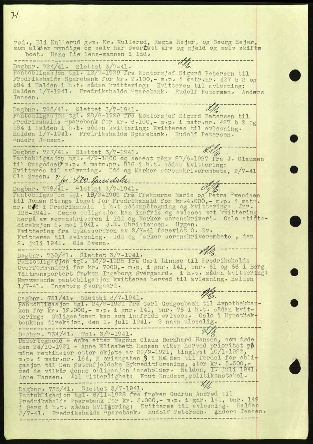 Idd og Marker sorenskriveri, AV/SAO-A-10283/G/Gb/Gbc/L0002: Mortgage book no. B4-9a, 1939-1945, Diary no: : 724/1941