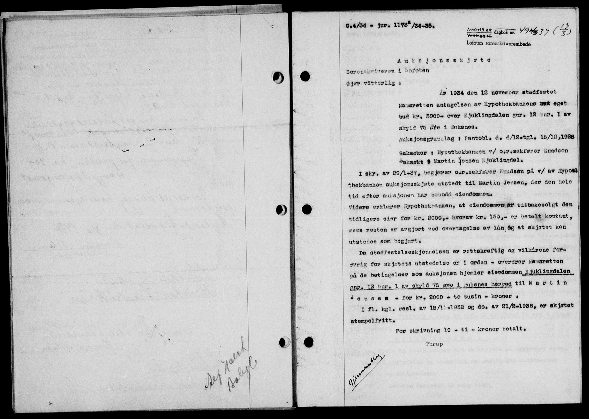 Lofoten sorenskriveri, SAT/A-0017/1/2/2C/L0002a: Mortgage book no. 2a, 1937-1937, Diary no: : 494/1937