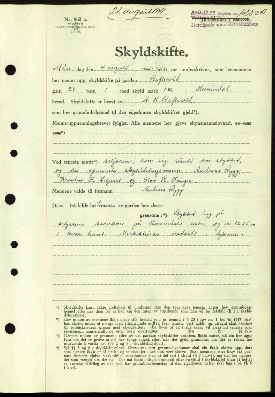 Nordfjord sorenskriveri, AV/SAB-A-2801/02/02b/02bj/L0006: Mortgage book no. A6, 1940-1941, Diary no: : 1083/1941