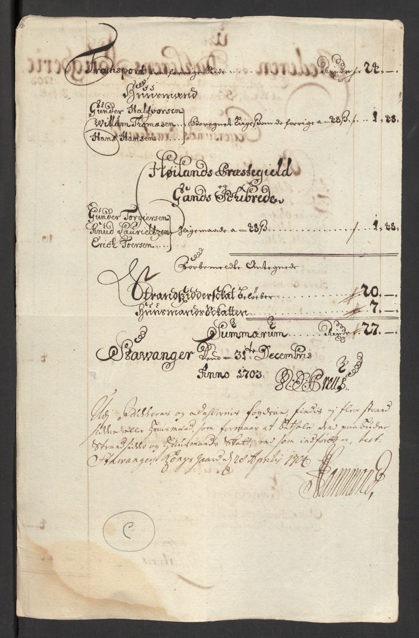 Rentekammeret inntil 1814, Reviderte regnskaper, Fogderegnskap, AV/RA-EA-4092/R46/L2732: Fogderegnskap Jæren og Dalane, 1703-1704, p. 29