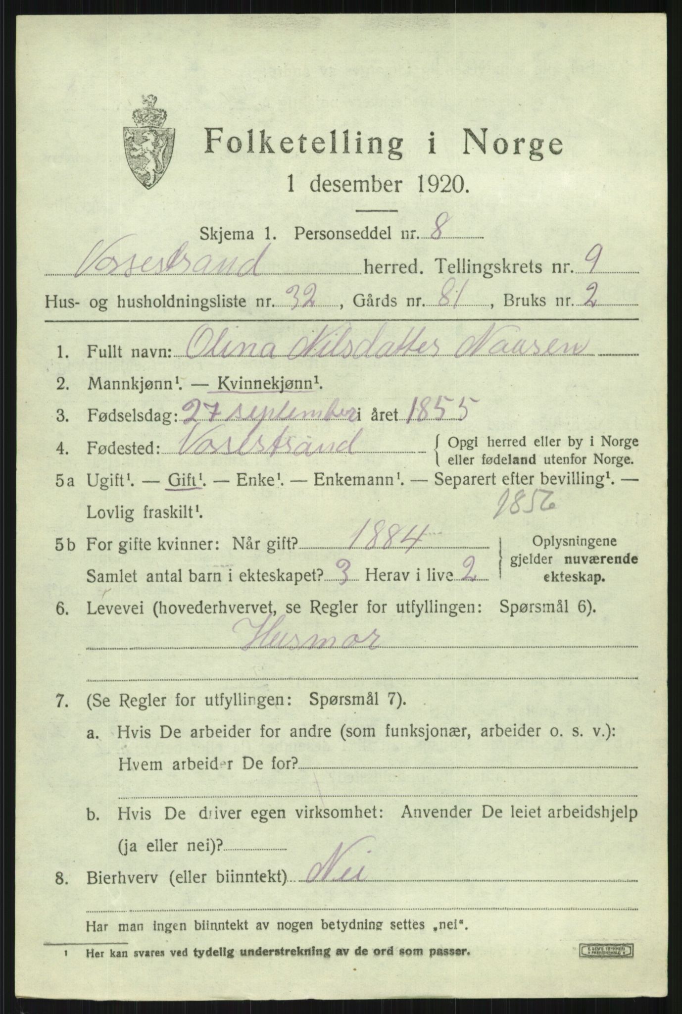 SAB, 1920 census for Vossestrand, 1920, p. 4224