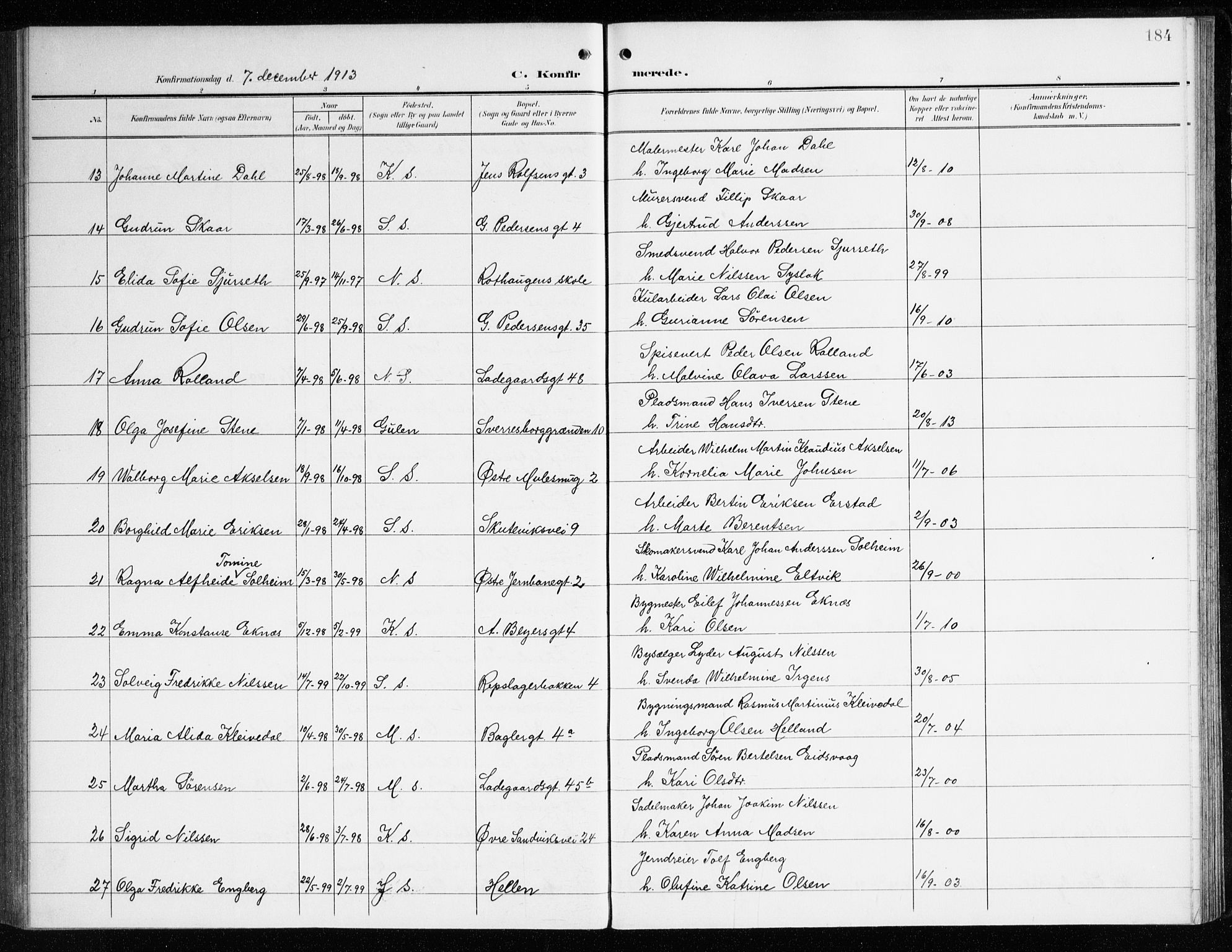 Sandviken Sokneprestembete, SAB/A-77601/H/Ha/L0011: Parish register (official) no. C 2, 1905-1918, p. 184