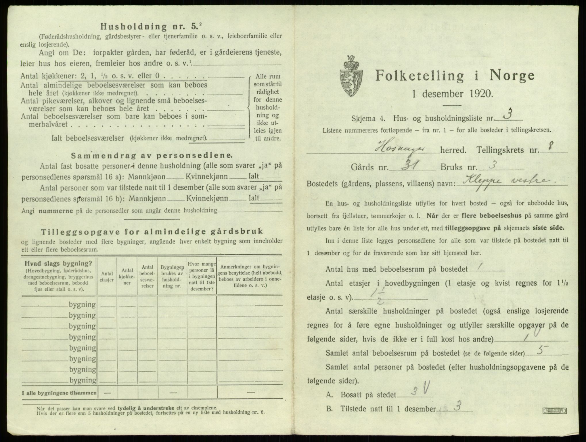 SAB, 1920 census for Hosanger, 1920, p. 430